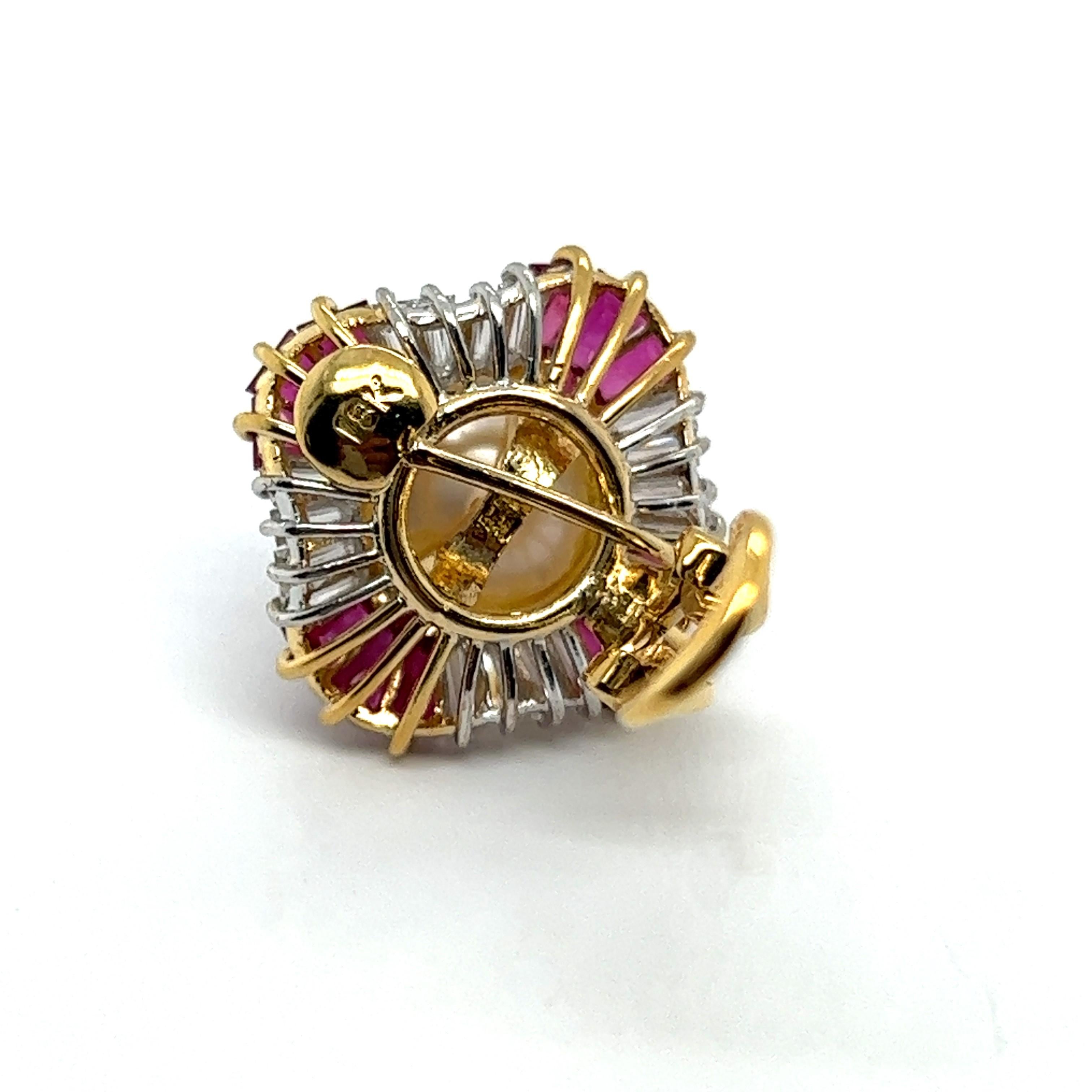 Boucles d'oreilles Clips avec perles, rubis et diamants en or jaune et blanc 18 carats en vente 5
