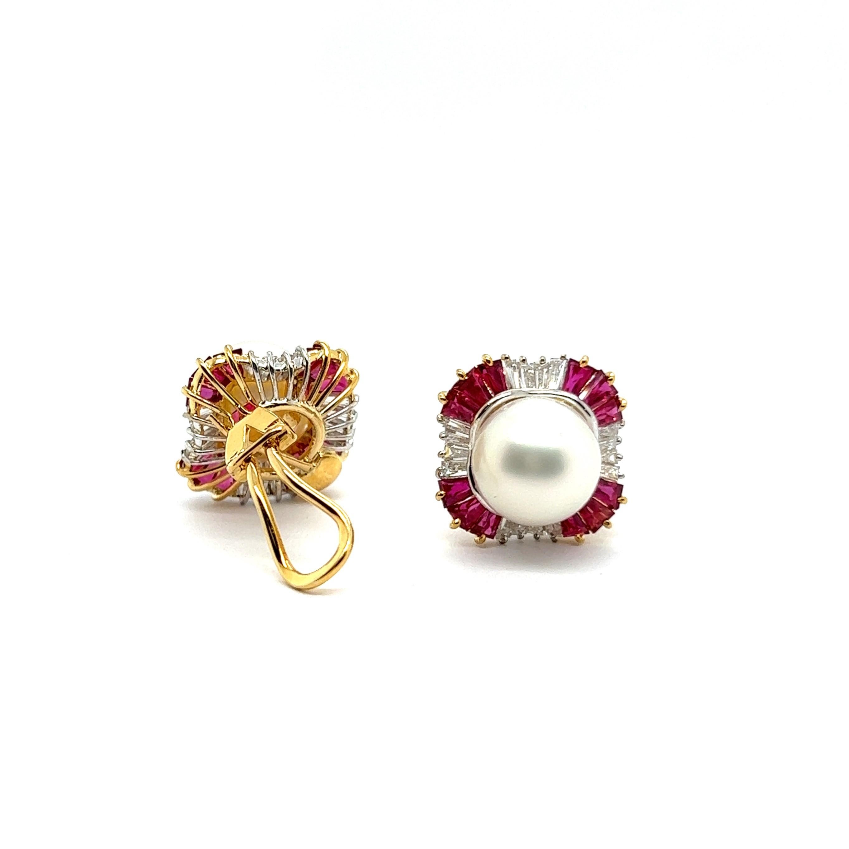 Boucles d'oreilles Clips avec perles, rubis et diamants en or jaune et blanc 18 carats en vente 7