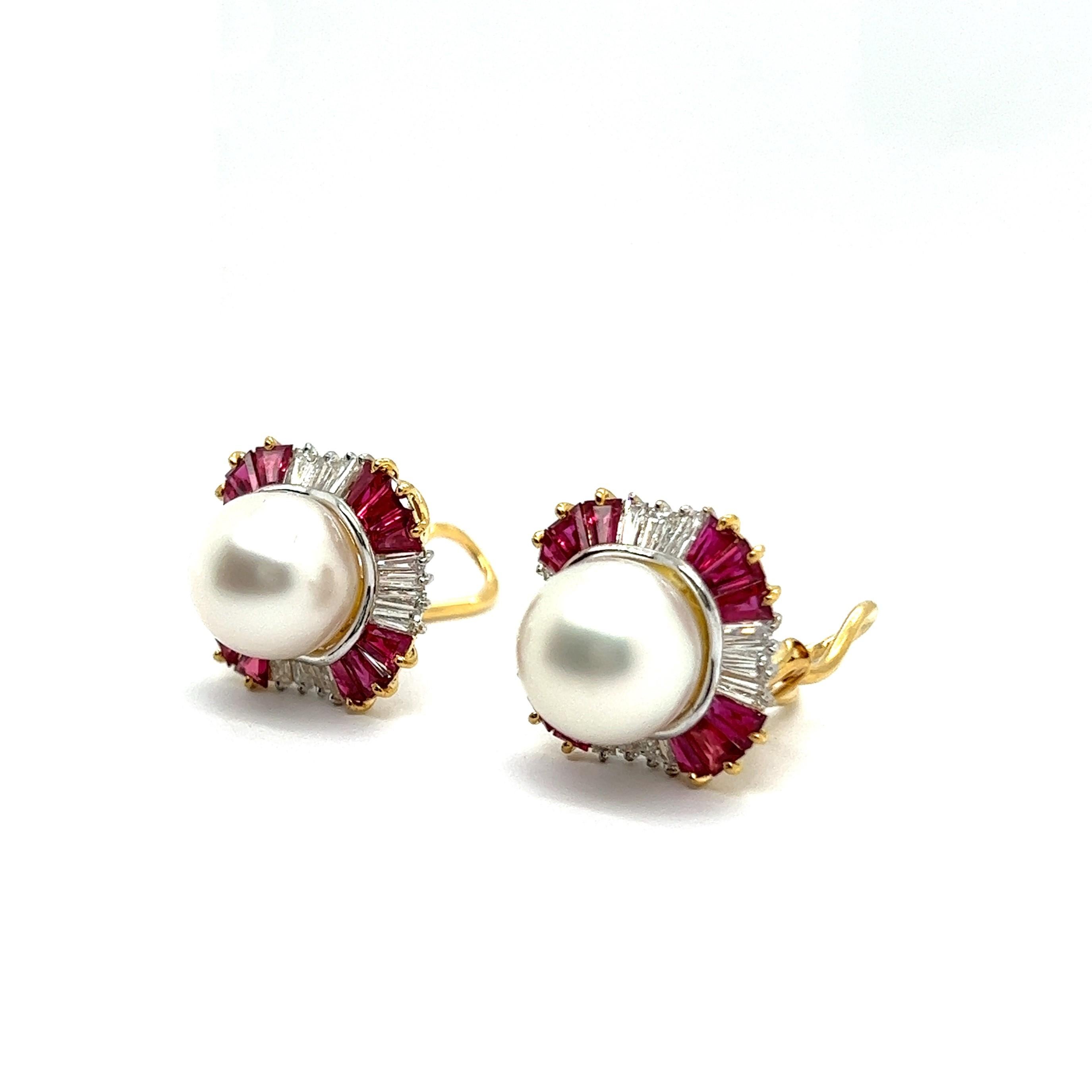 Clip-on Earrings with Pearls, Rubies & Diamonds in 18 Karat Yellow & White Gold In Good Condition For Sale In Lucerne, CH