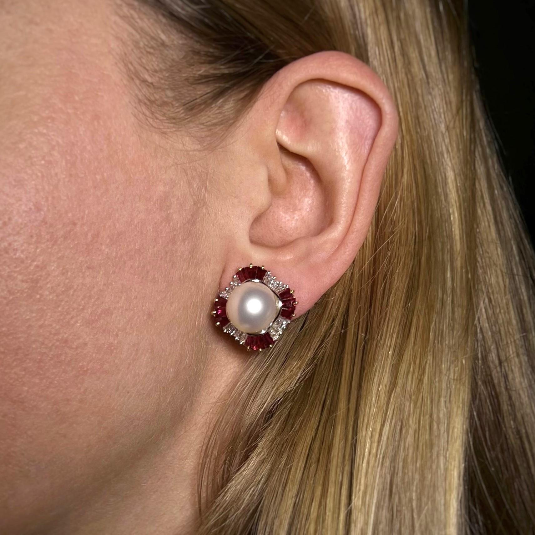 Women's or Men's Clip-on Earrings with Pearls, Rubies & Diamonds in 18 Karat Yellow & White Gold For Sale