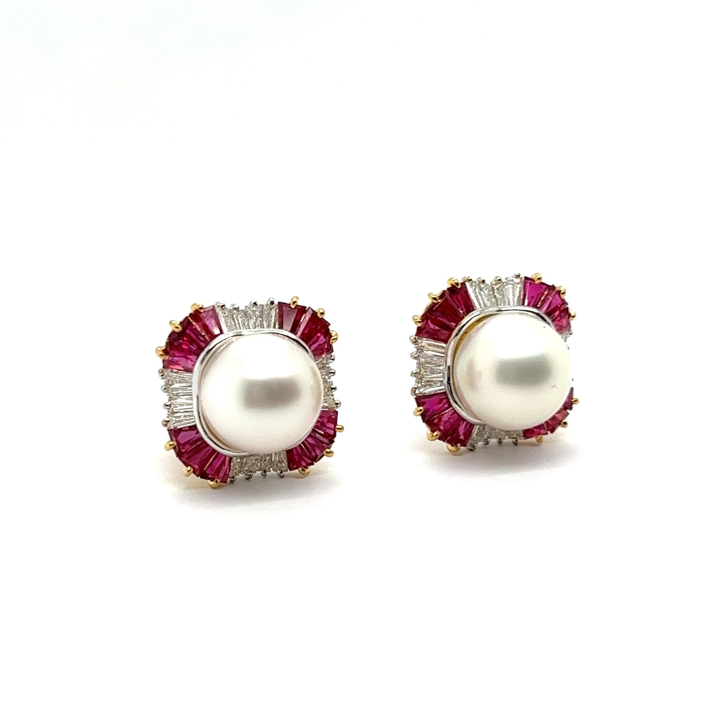 Boucles d'oreilles Clips avec perles, rubis et diamants en or jaune et blanc 18 carats en vente 2