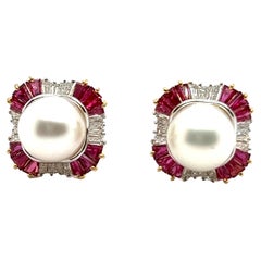 Boucles d'oreilles Clips avec perles, rubis et diamants en or jaune et blanc 18 carats