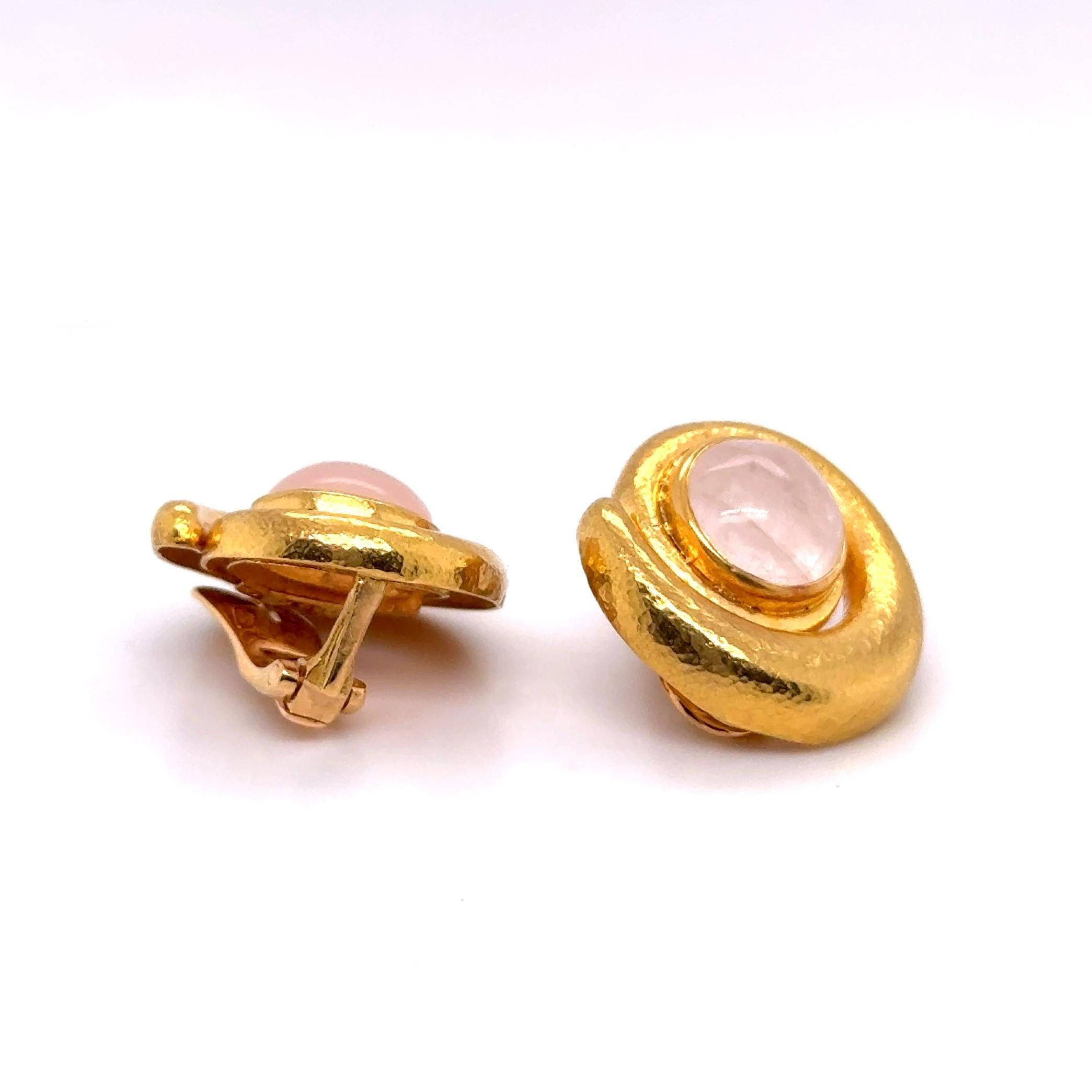 Women's or Men's Clip-on Earrings with Rose Quartz in 18 Karat Yellow Gold by Ilias Lalaounis For Sale