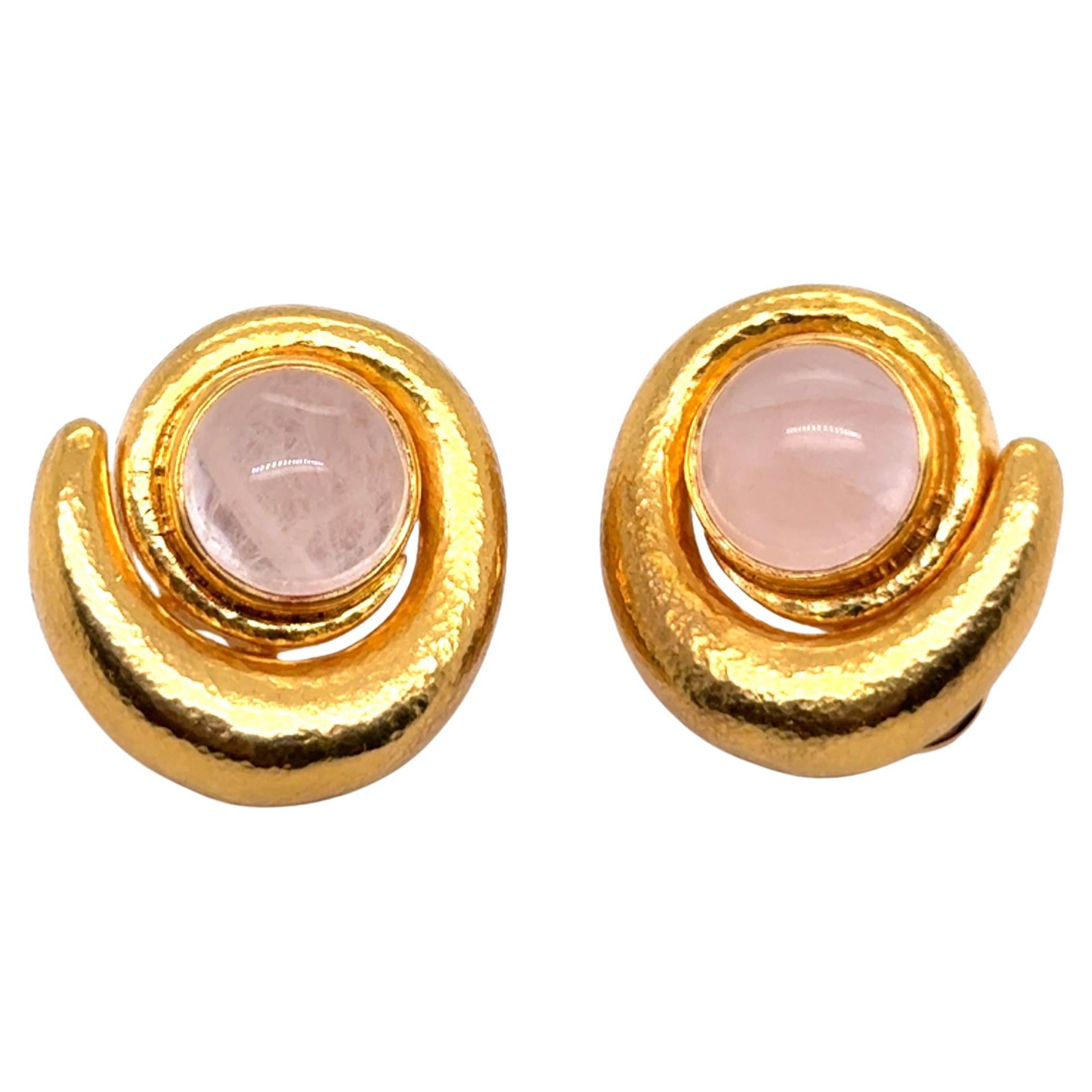 Clip-on Earrings with Rose Quartz in 18 Karat Yellow Gold by Ilias Lalaounis