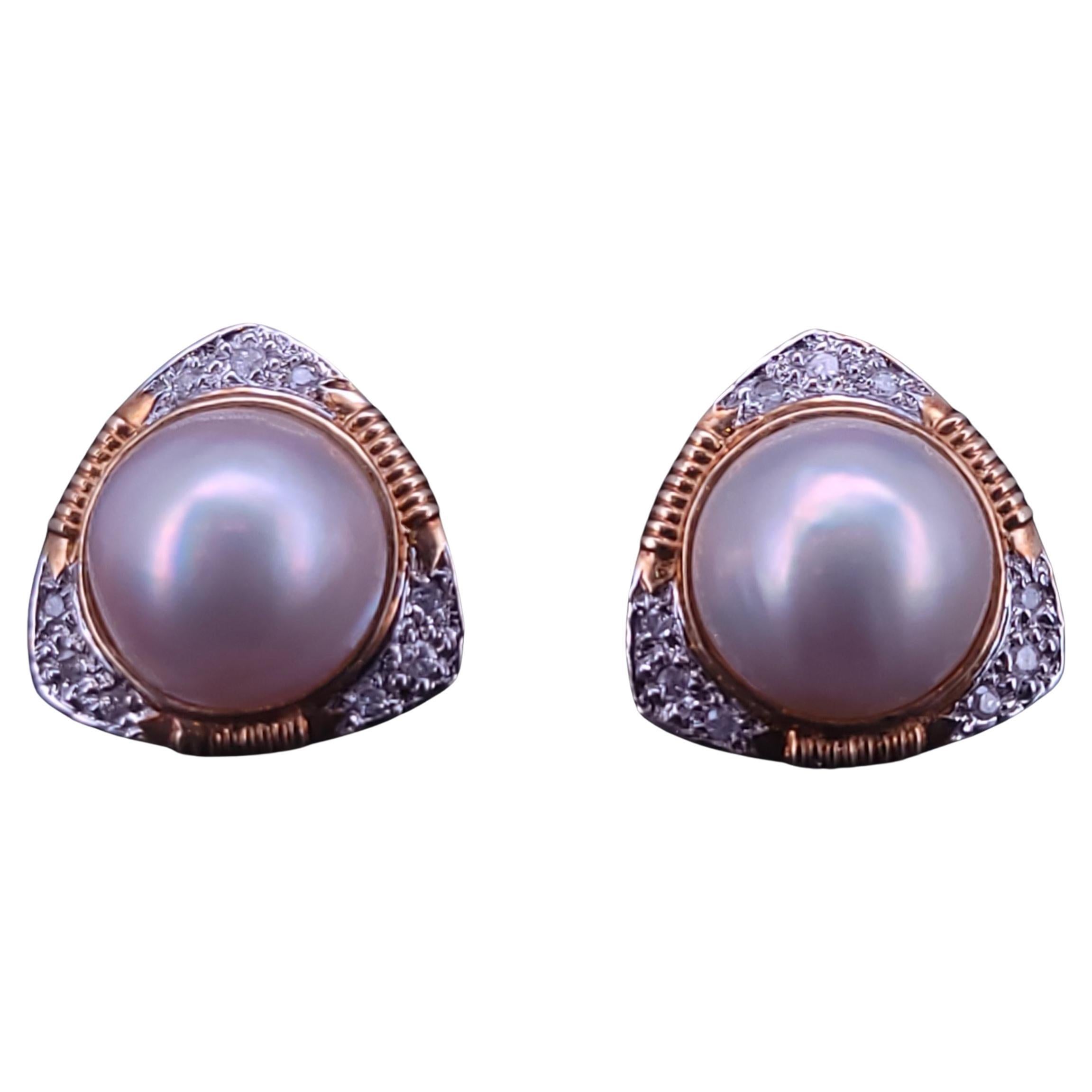 Pendientes de clip con perla en oro amarillo de 14 quilates y diamantes en venta