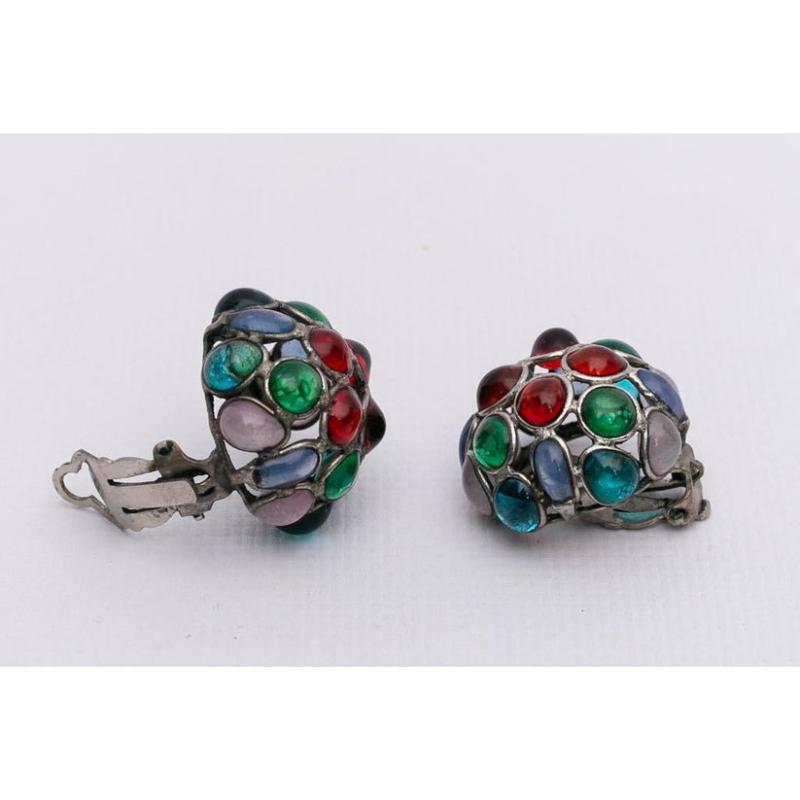 Women's Clip-on Silvery Metal Earrings with Multicolor Glass Paste For Sale