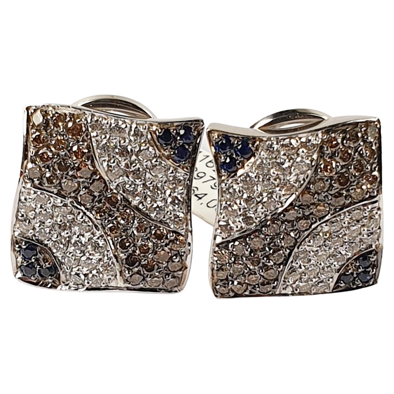  Clip on White, Brown Diamond and sapphires Earrings in 18 Karat White Gold For Sale