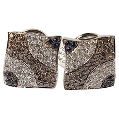  Clip on White, Brown Diamond and sapphires Earrings in 18 Karat White Gold
