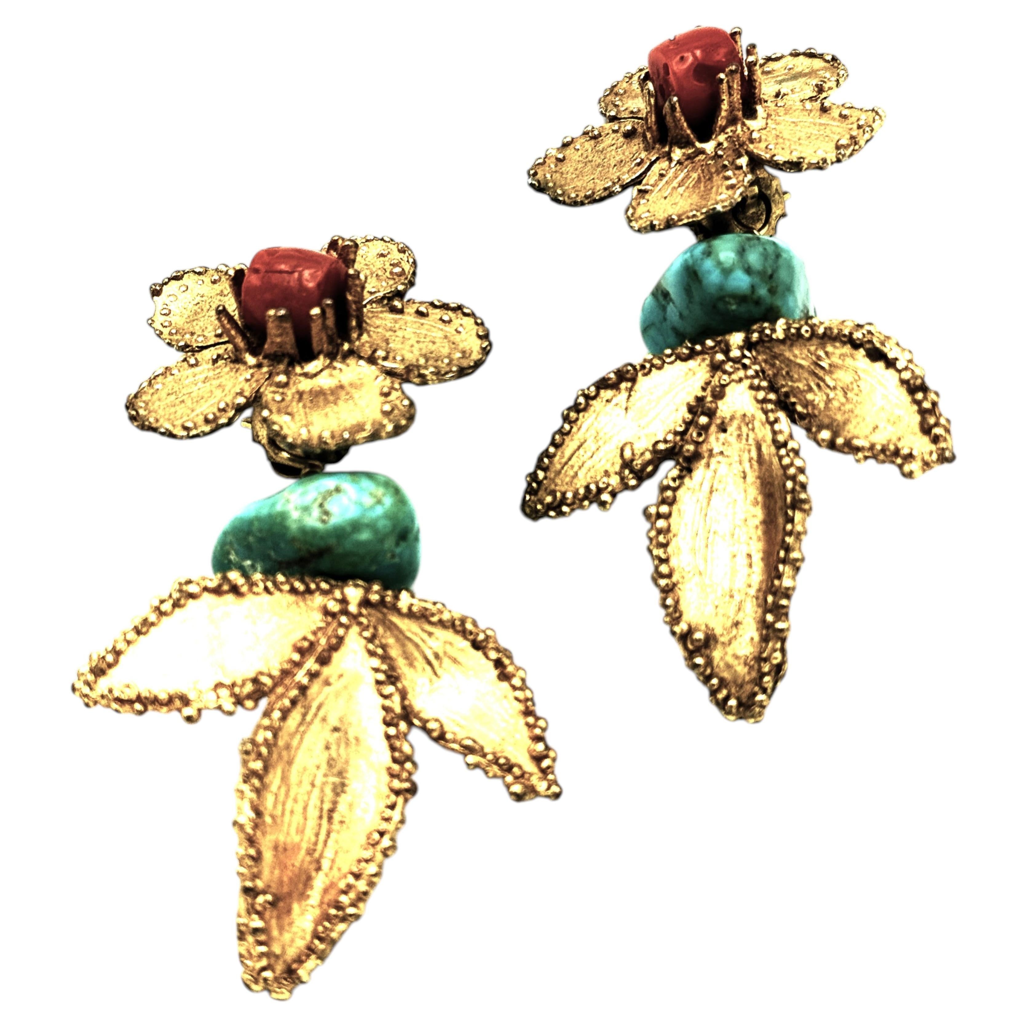 Yves Saint Laurent Rive Gauche Coral Turquoise Drop Earrings, 1980s For Sale