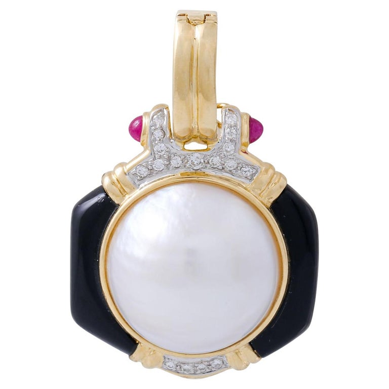 Clip Pendant with Mabe Pearl, Onyx, Rubies and Diamonds For Sale