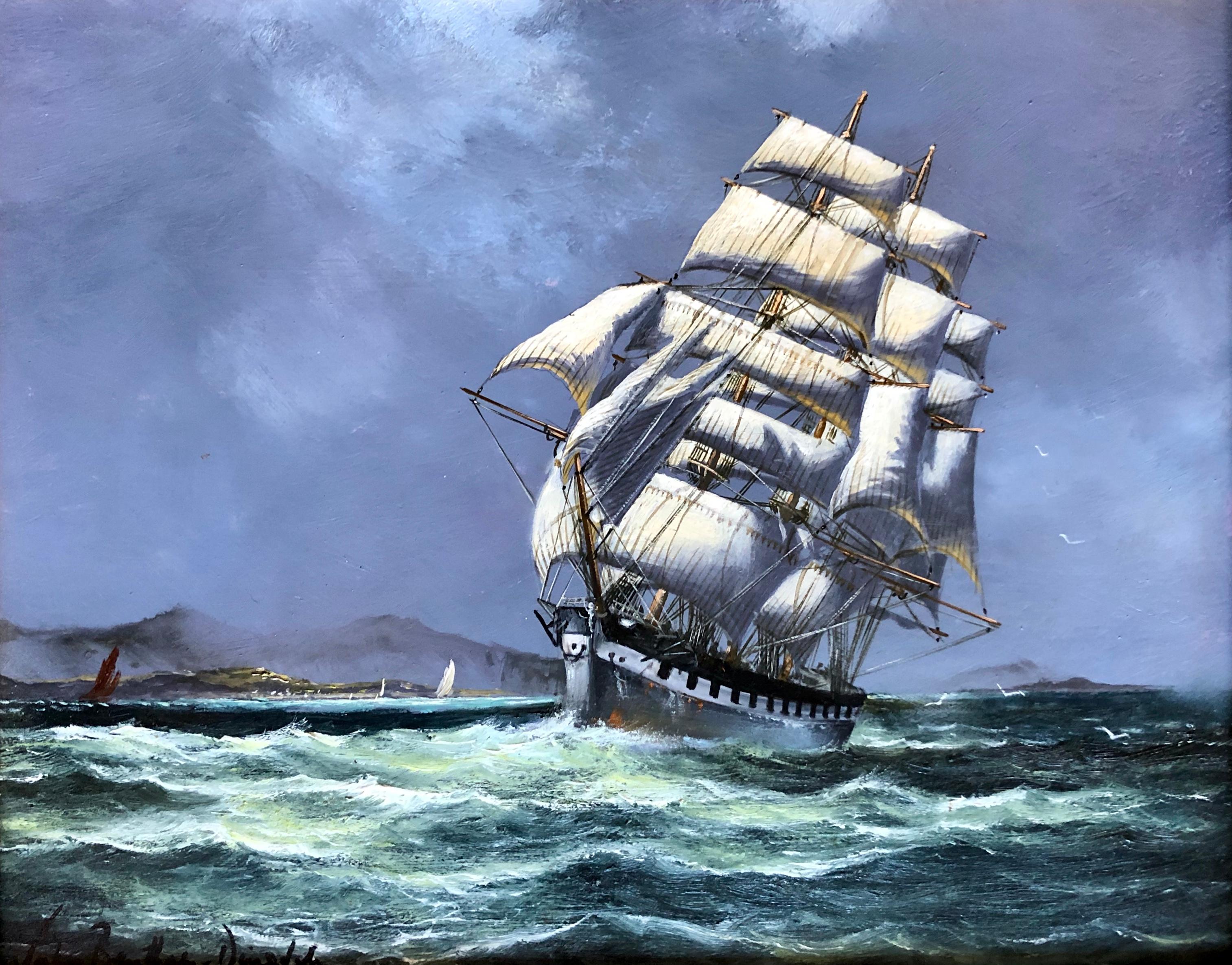 Signed lower left, oil on panel and inscribed on back. 

(Born in Yorkshire, England in 1927; died in 2008). Dinsdale painted the sea and great ships of the era when “Britannia ruled the waves” with her fleets of clipper and fighting ships whose