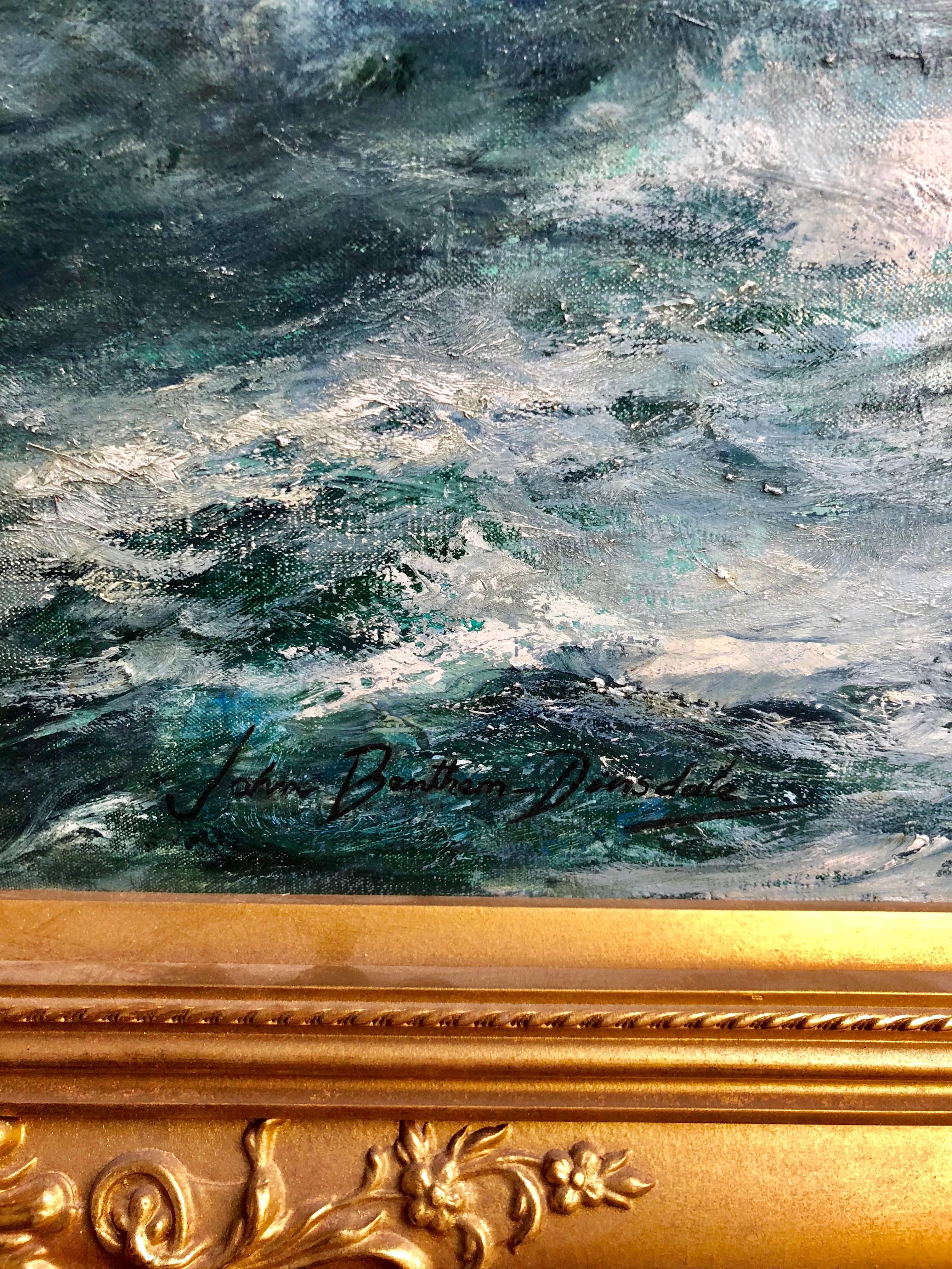 Signed lower left. Oil on canvas.
(Born in Yorkshire, England in 1927; died in 2008). Dinsdale painted the sea and great ships of the era when “Britannia ruled the waves” with her fleets of clipper and fighting ships whose huge white sails took men