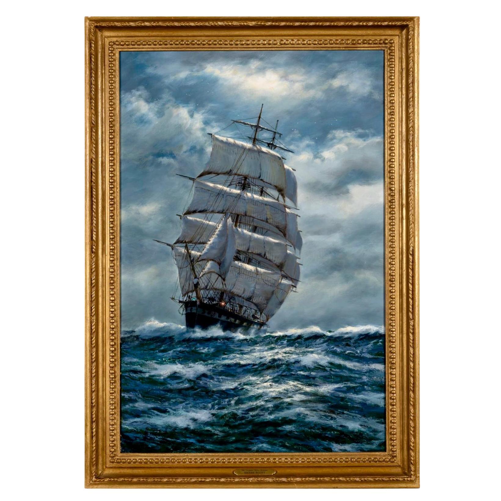 "Clipper at Full Sail Under Moonlight" by Henry Scott
