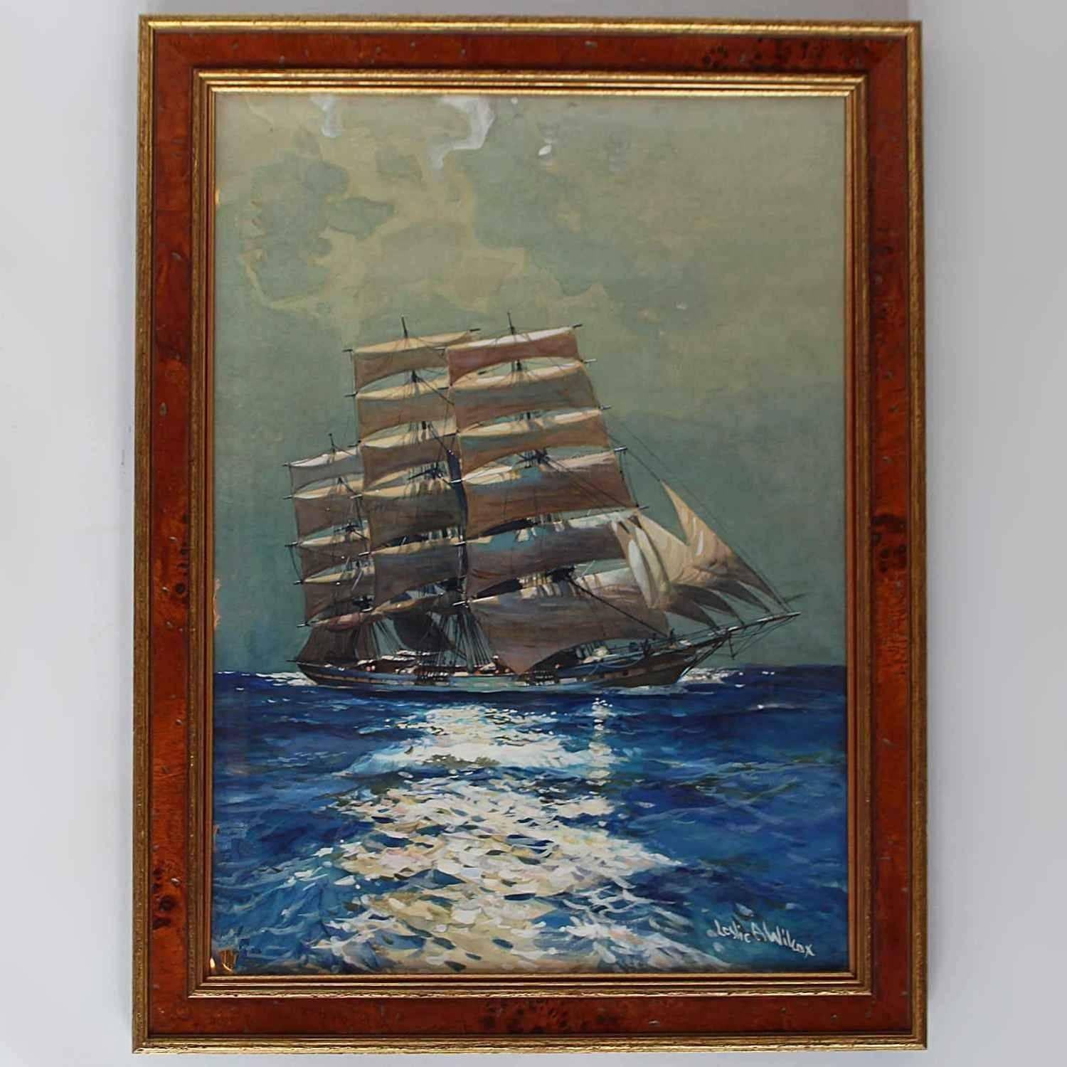 'Clipper by Moonlight', an Art Deco watercolor of a three masted ship at sea. Signed Leslie A Wilcox to lower right.

Wilcox, a member of the Royal Society of Marine Artists, was commissioned to do several paintings for Aristotle Onassis, for the