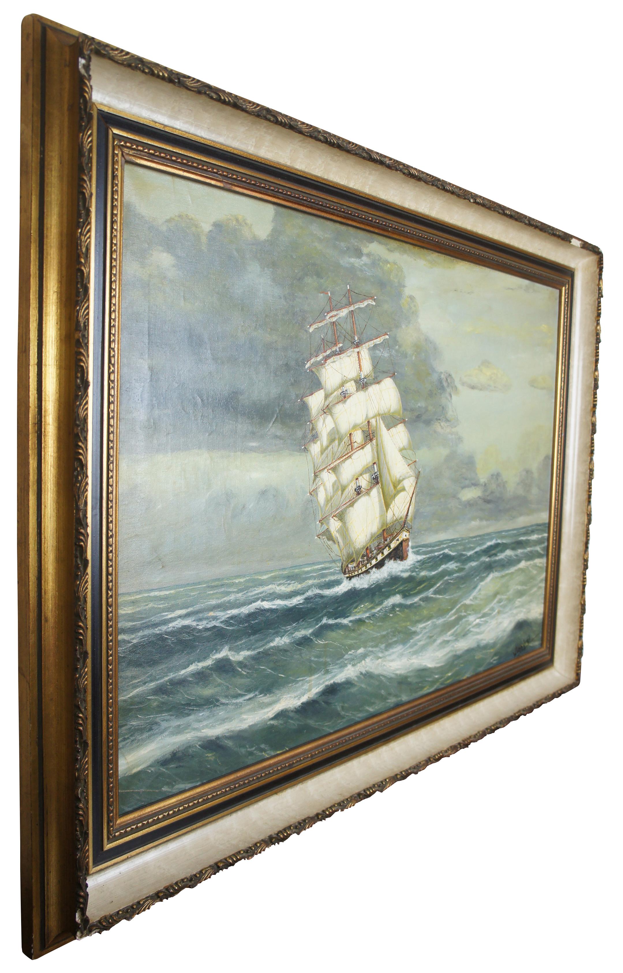 Oil on canvas seascape painting featuring a sailing ship on a choppy ocean, signed Winnifred lower right. Measure: 40