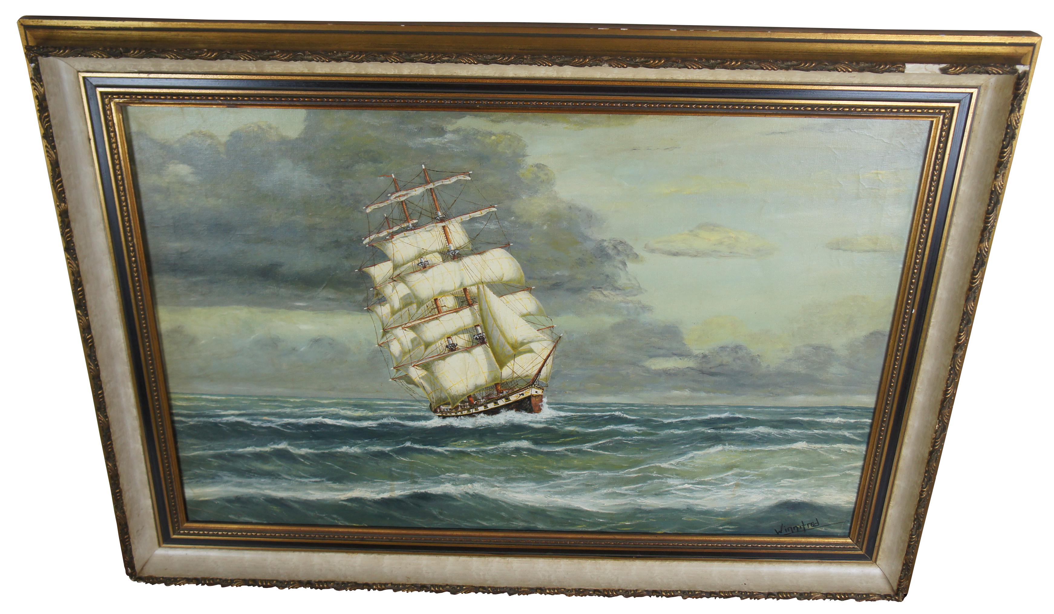 Clipper Ship Seascape Oil Painting by Winnifred Ocean Nautical Maritime In Good Condition In Dayton, OH