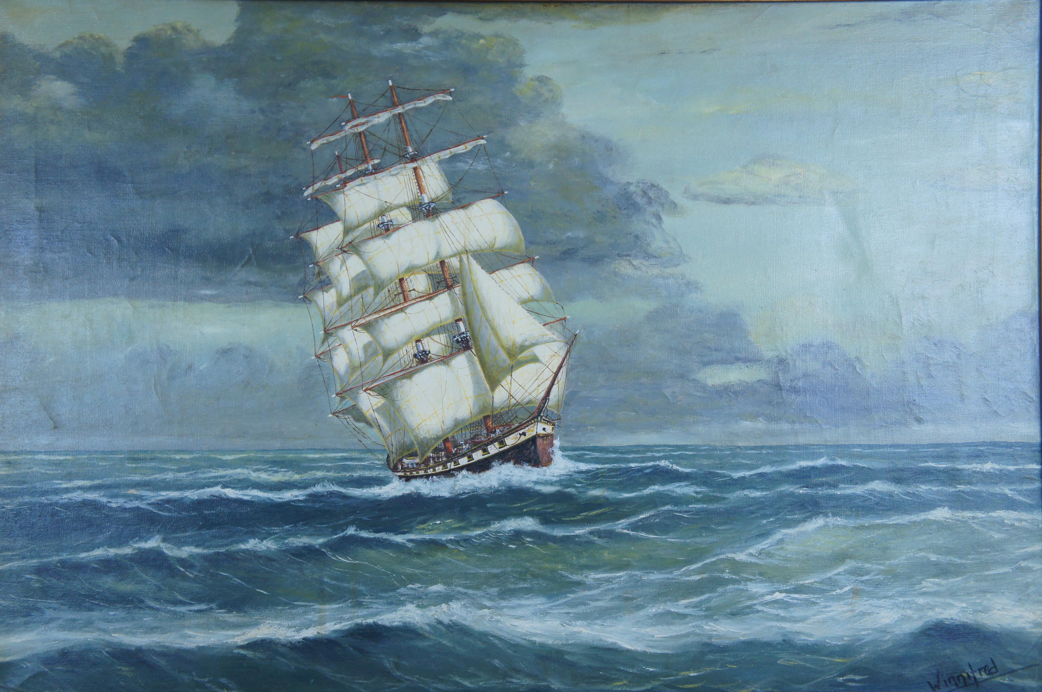 20th Century Clipper Ship Seascape Oil Painting by Winnifred Ocean Nautical Maritime