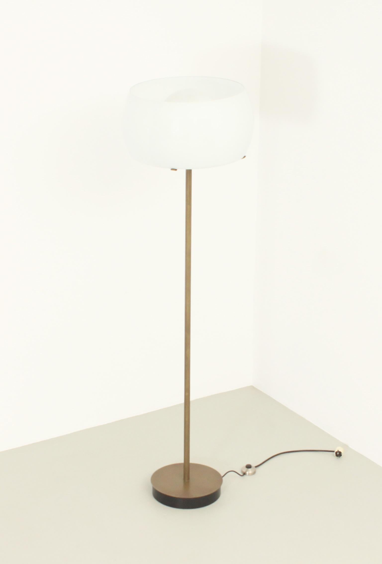 Clitunno floor lamp designed in 1963 by Vico Magistretti for the Italian company Artemide. Rare edition in bronze finished and opal glass.