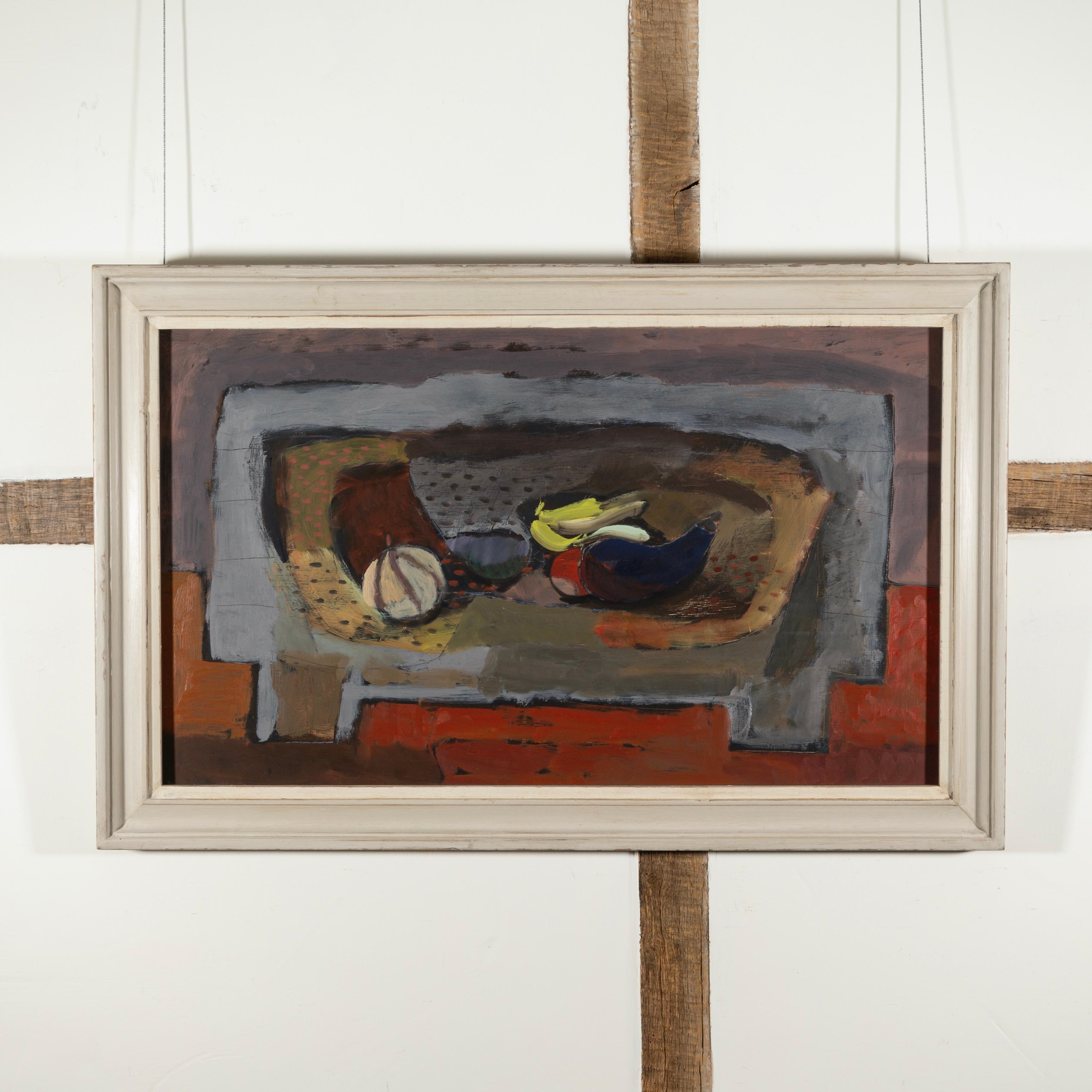 Natura morta su tavolino, 1990 - Pittura a olio con frutta in grigio e rosso - Painting di Clive Blackmore