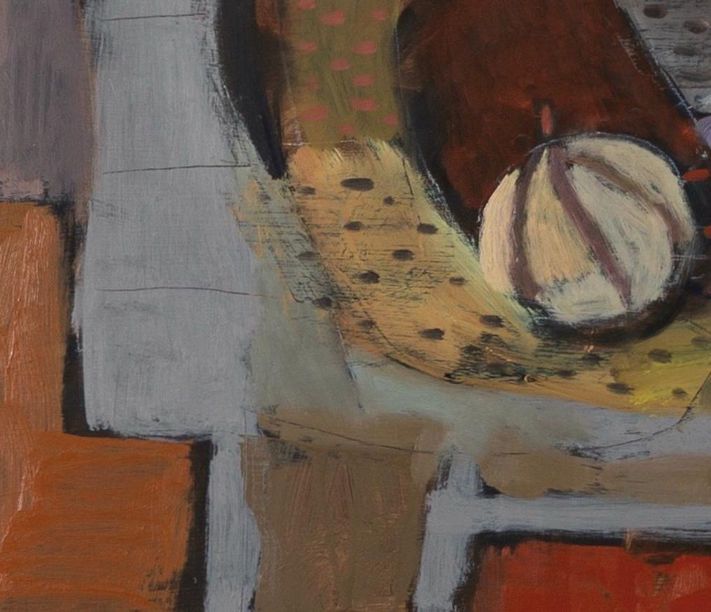 Natura morta su tavolino, 1990 - Pittura a olio con frutta in grigio e rosso - Still-Life Painting Grigio di Clive Blackmore