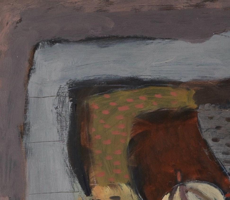 Natura morta su tavolino, 1990 - Pittura a olio con frutta in grigio e rosso in vendita 2