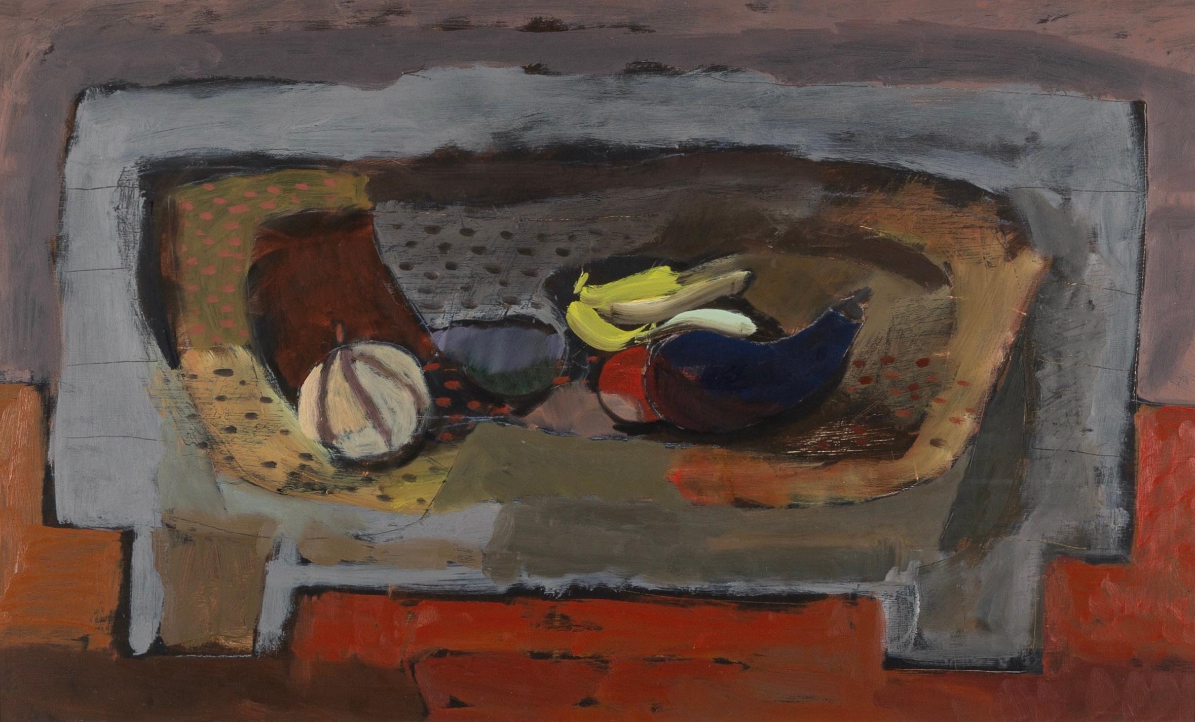 Still-Life Painting di Clive Blackmore - Natura morta su tavolino, 1990 - Pittura a olio con frutta in grigio e rosso