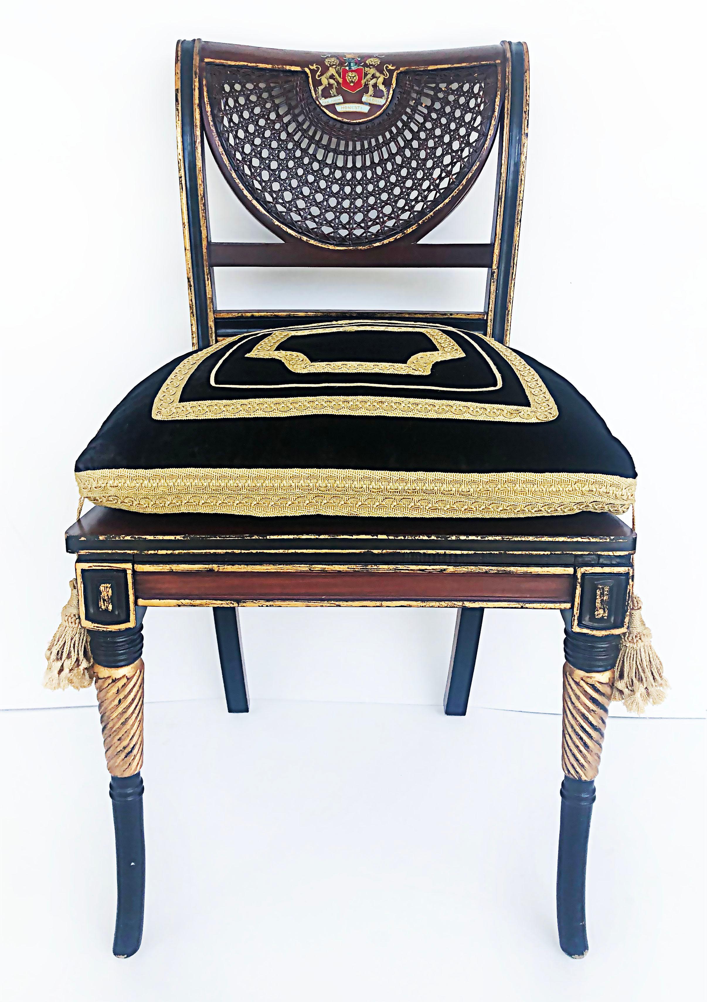 20th Century Clive Christian Regency Style Hand-Painted Caned Chairs with Coat of Arms, Pair
