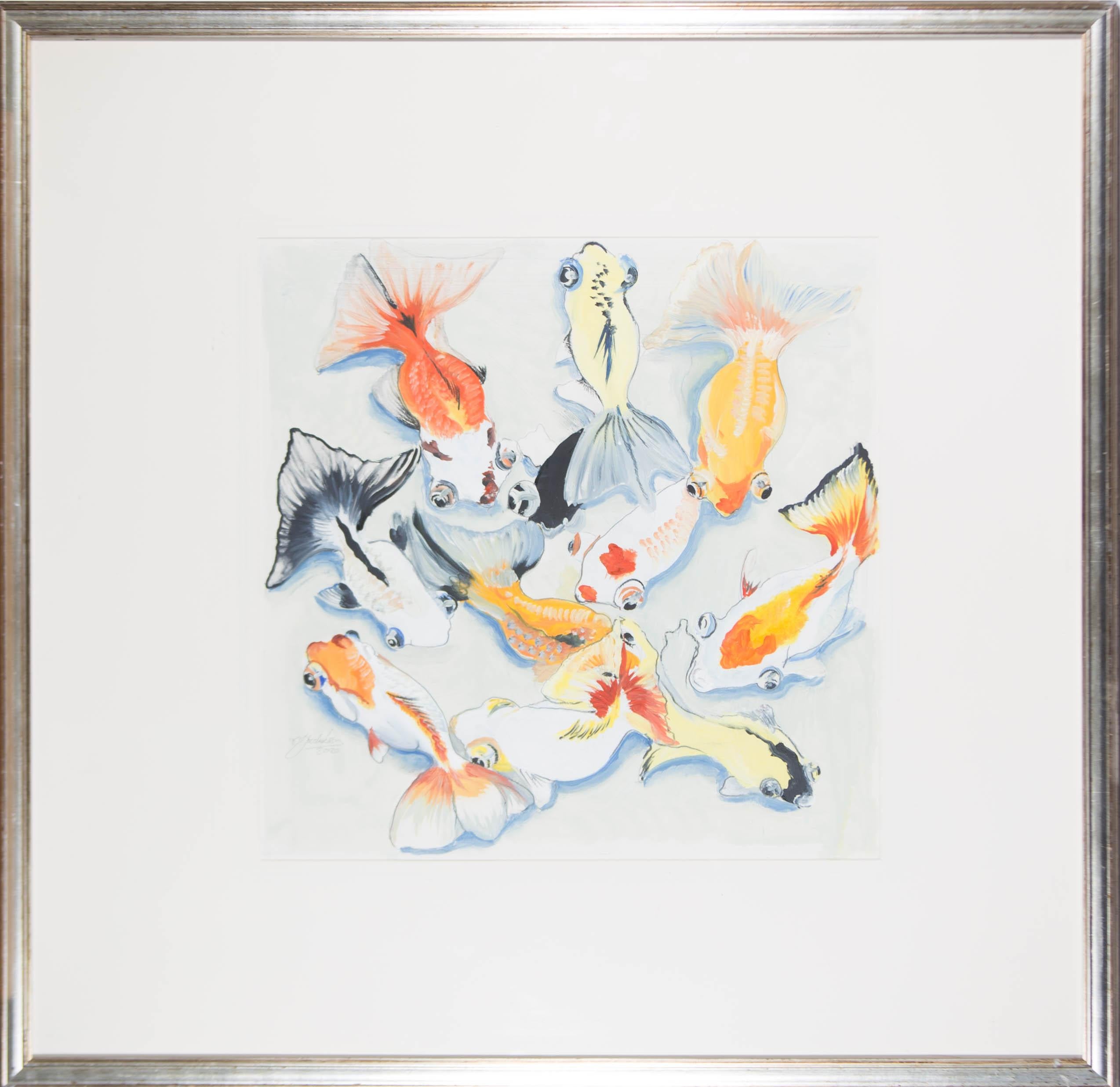 A softened palette depicts carp in an aesthetically pleasing manner.Well presented in a molded silvered wood frame.Signed and dated.

On wove.
