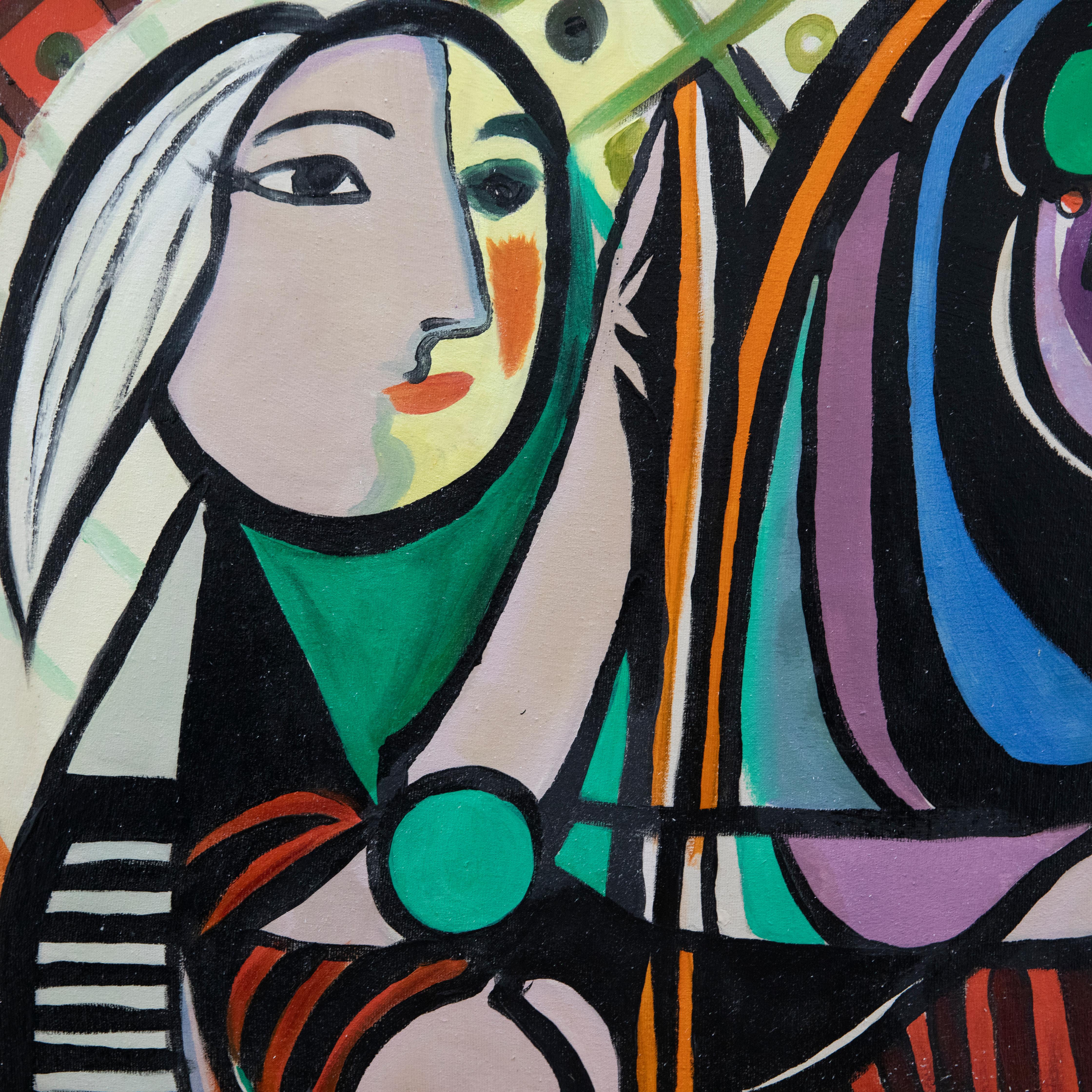 Una copia colorata della famosa composizione di Pablo Picasso - Ragazza davanti allo specchio. Catturato dall'artista contemporaneo Clive Fredriksson. Firmato e datato in alto a sinistra. Su tela su barelle. 