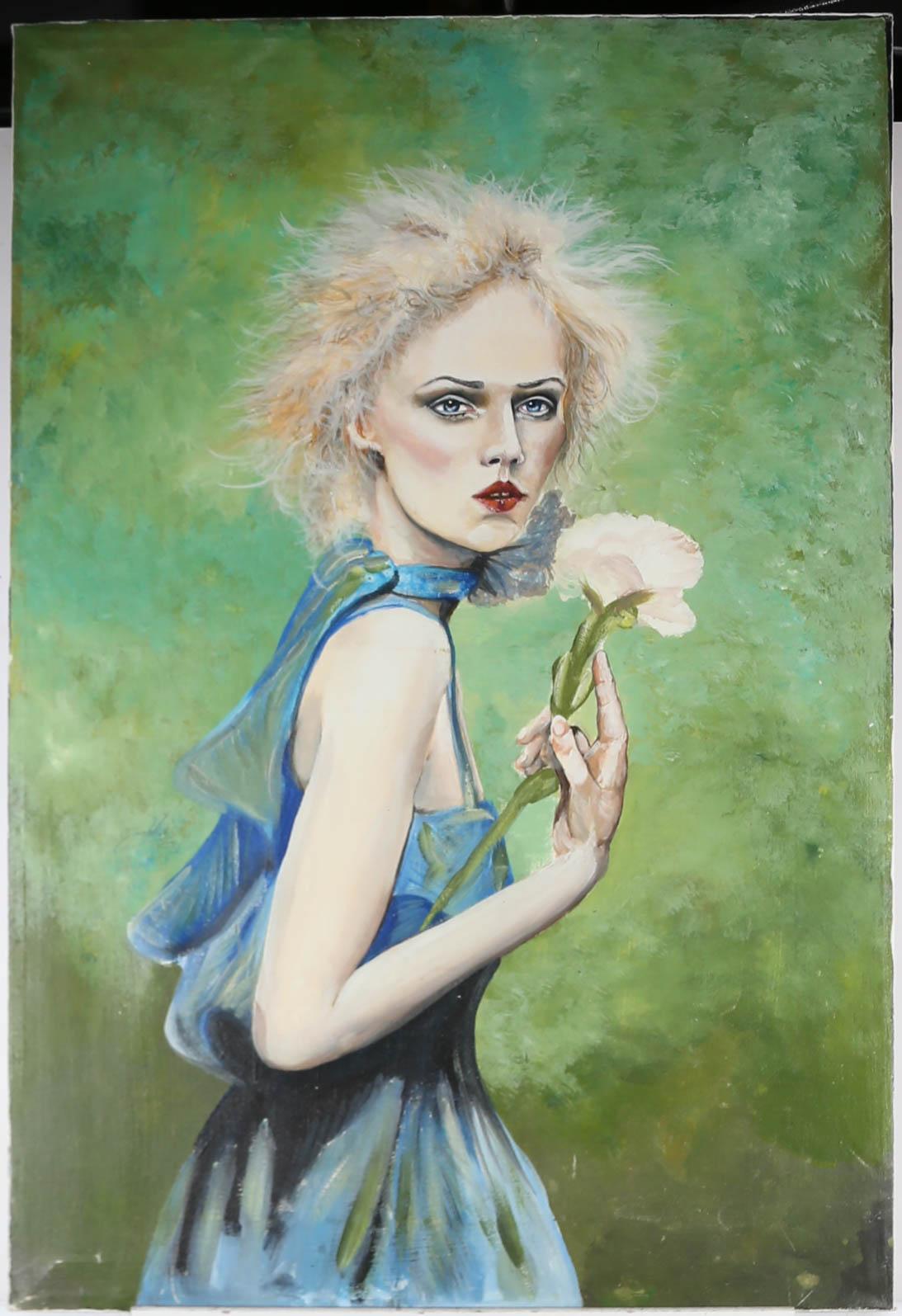 Clive Fredriksson - Olio contemporaneo, Signora in blu con peonia 1
