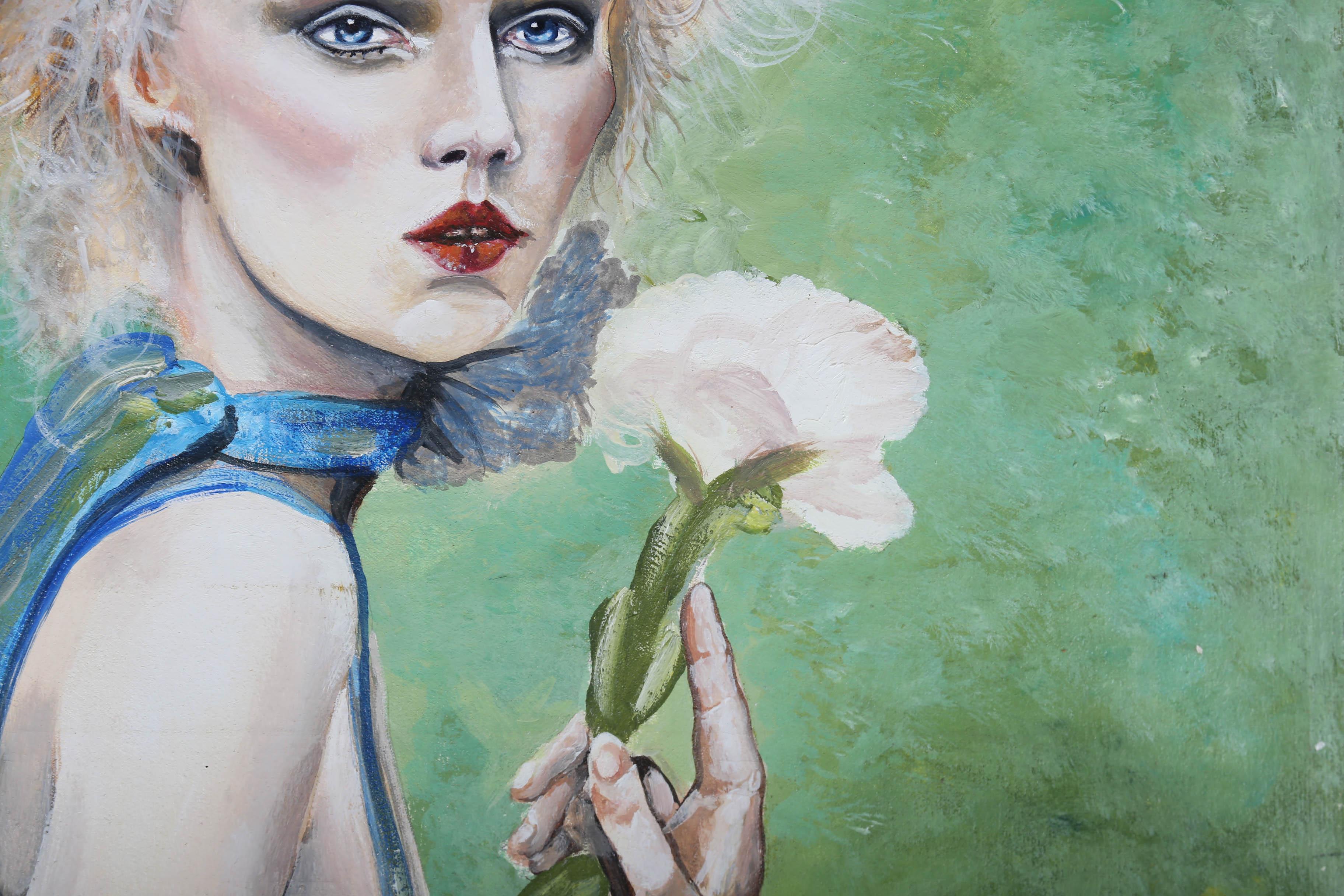 Clive Fredriksson - Olio contemporaneo, Signora in blu con peonia 3