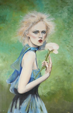 Clive Fredriksson - Óleo contemporáneo, Dama azul con peonía