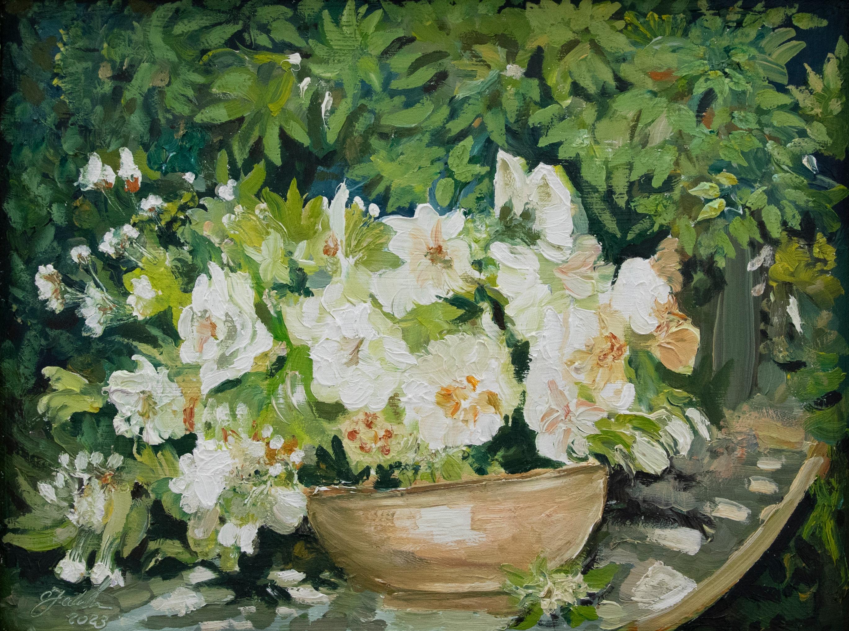 Clive Fredriksson - Framed Contemporary Acrylic, White Hellebores For Sale 1