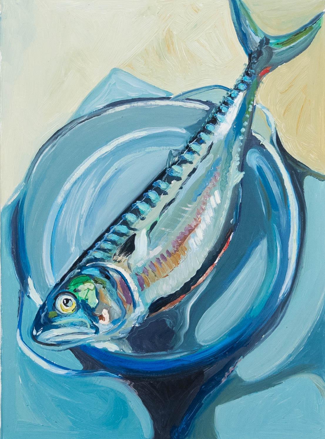 Clive Fredriksson - Óleo contemporáneo enmarcado, Naturaleza muerta, Caballa azul 1