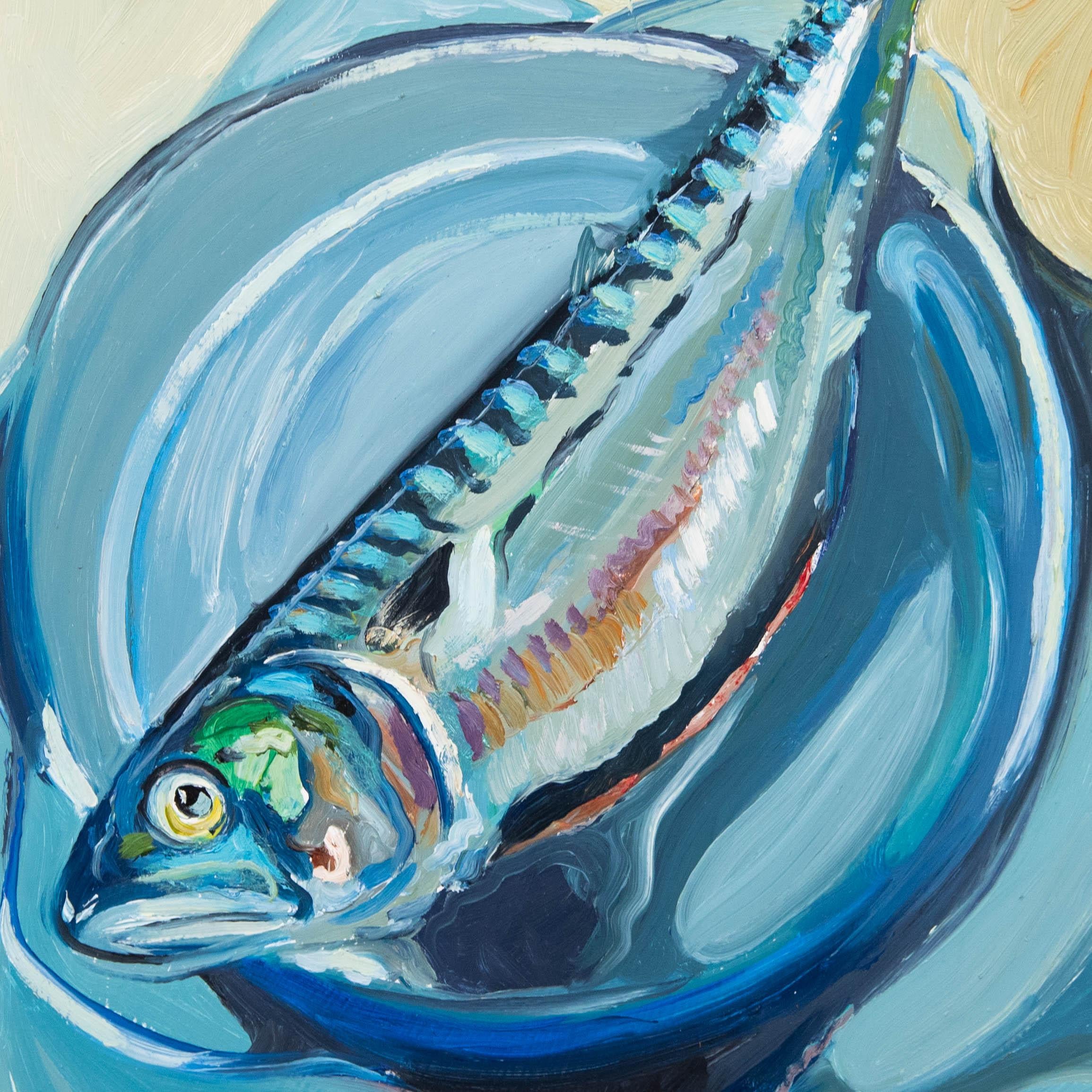 Clive Fredriksson - Óleo contemporáneo enmarcado, Naturaleza muerta, Caballa azul 3
