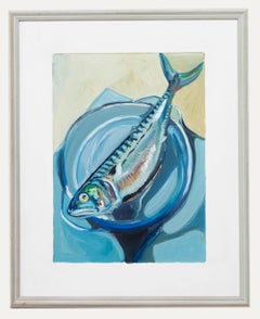 Clive Fredriksson - Óleo contemporáneo enmarcado, Naturaleza muerta, Caballa azul