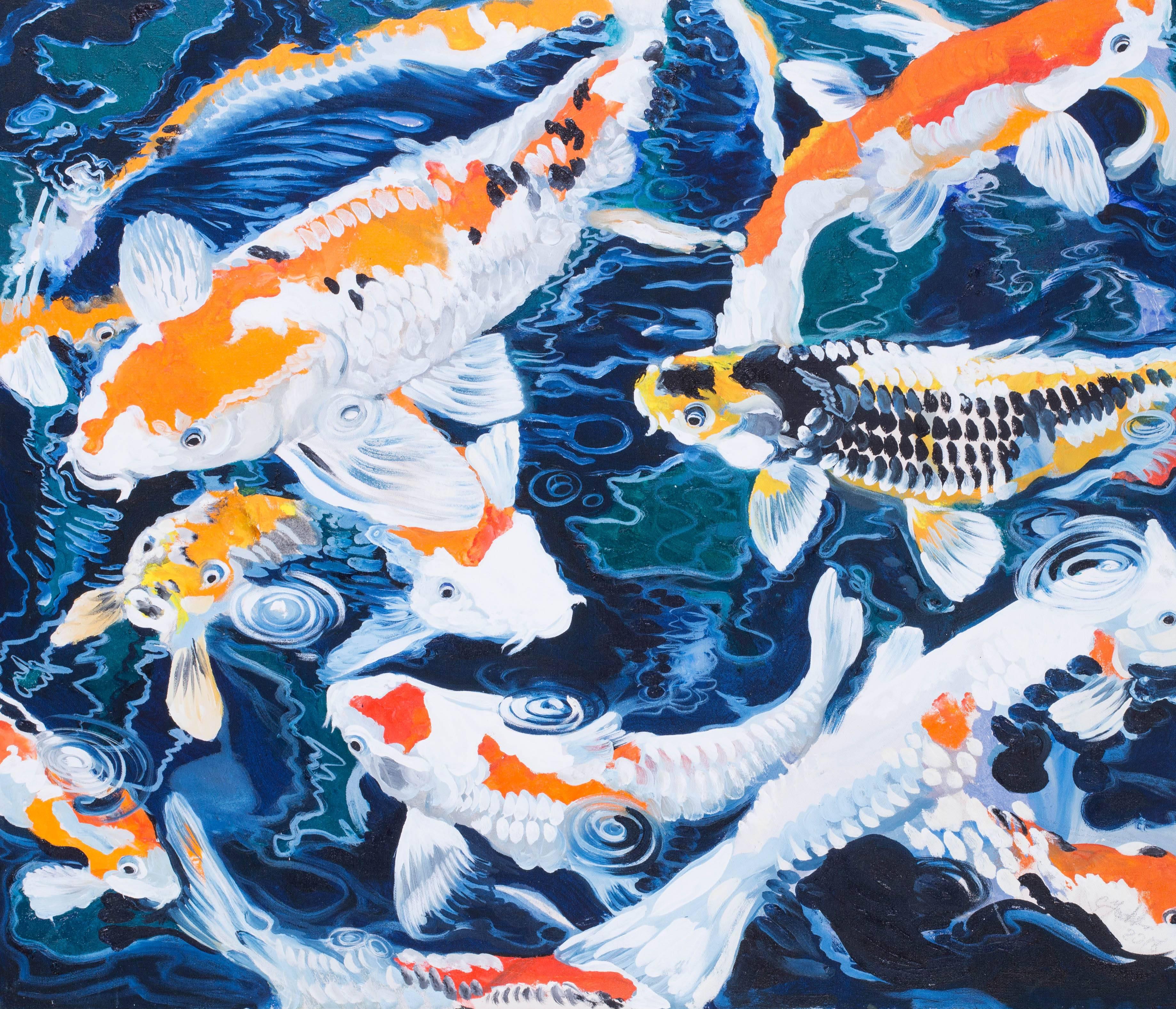 Clive Fredriksson Animal Painting - Original British contemporary oil painting of Koi Carp, fish