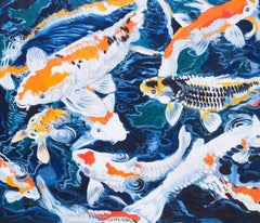 Zeitgenössisches britisches Ölgemälde eines Koi-Teppichs:: Fisch