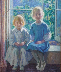 Porträt zweier Schwestern durch ein Fenster – britisches Ölgemälde der Slade-Schule, 1918