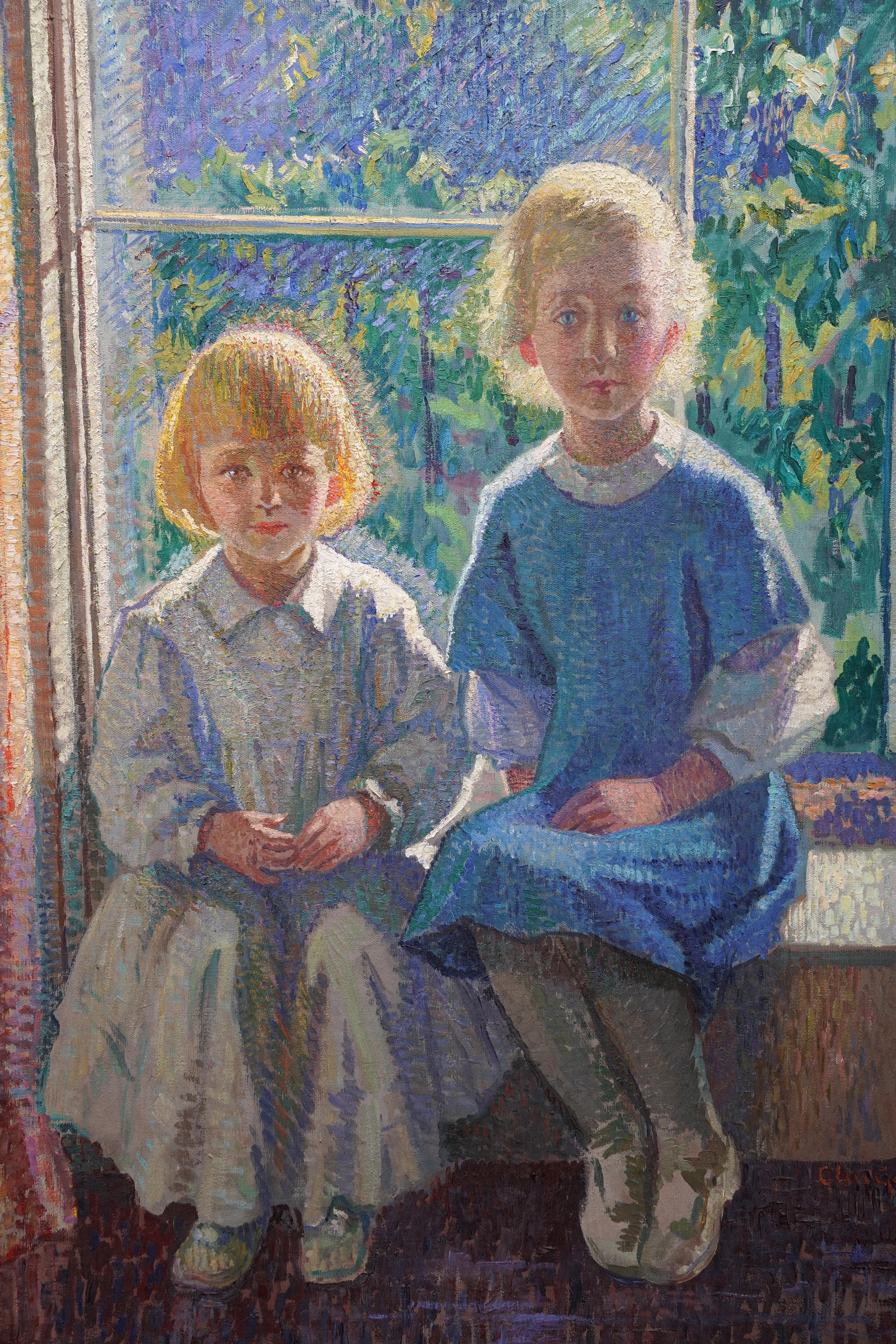 Retrato de dos hermanas junto a una ventana - Pintura al óleo británica de 1918 de la Escuela Slade - Painting Posimpresionista de Clive Gardiner