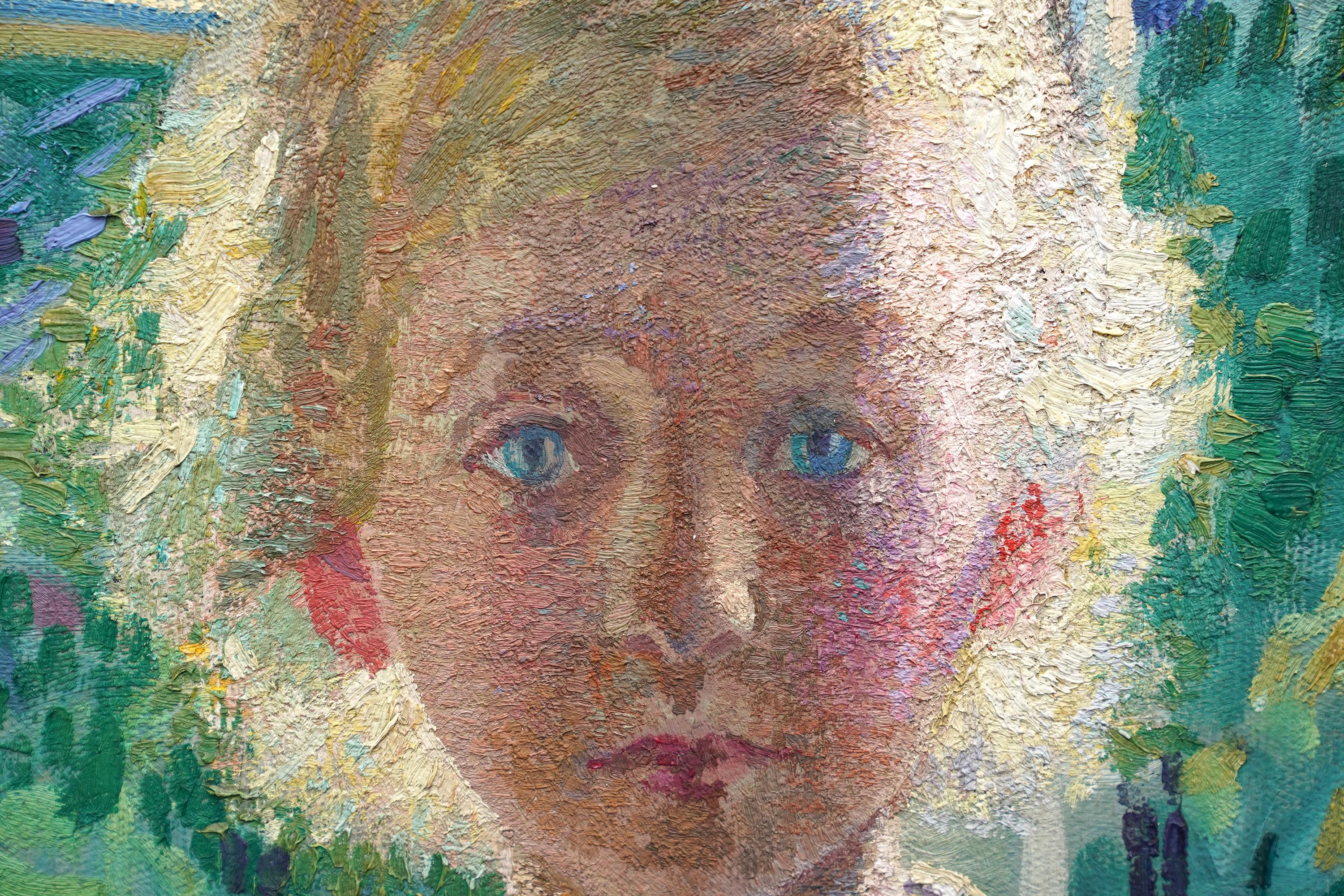 Retrato de dos hermanas junto a una ventana - Pintura al óleo británica de 1918 de la Escuela Slade en venta 2
