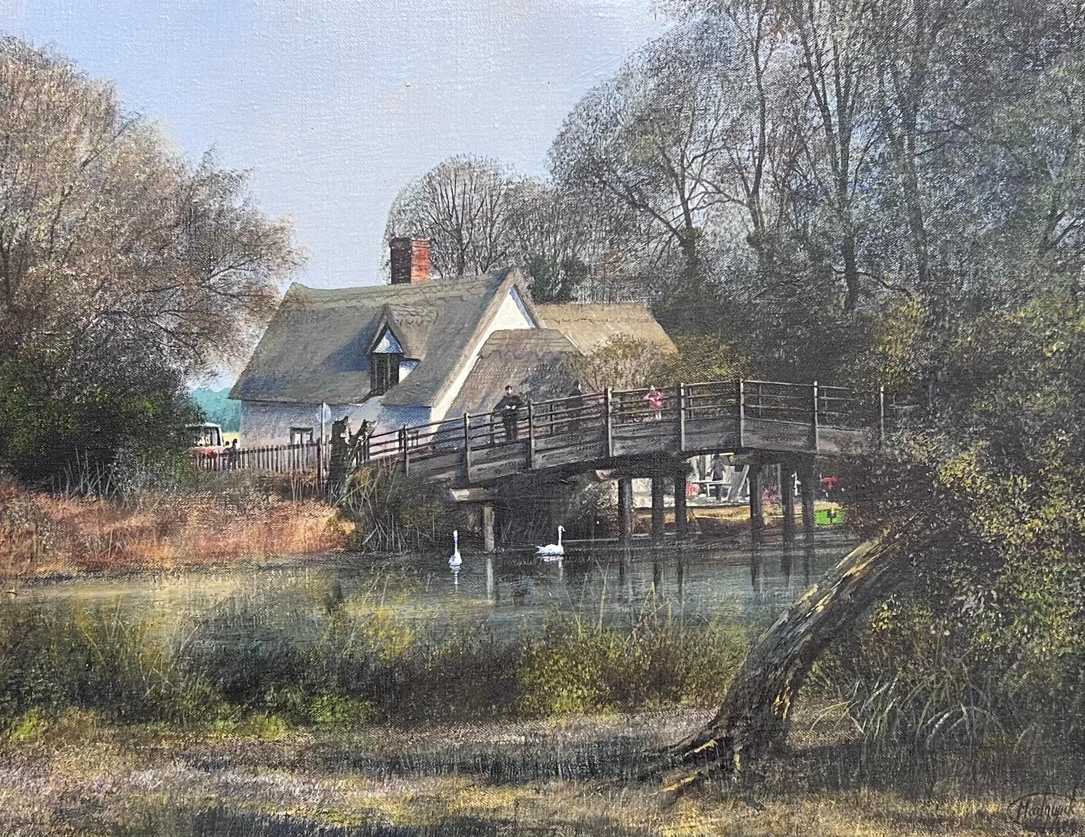 Tradicional cabaña inglesa de paja junto al río con cisnes Artista británico catalogado - Painting Impresionista de Clive Madgwick (1934–2005)