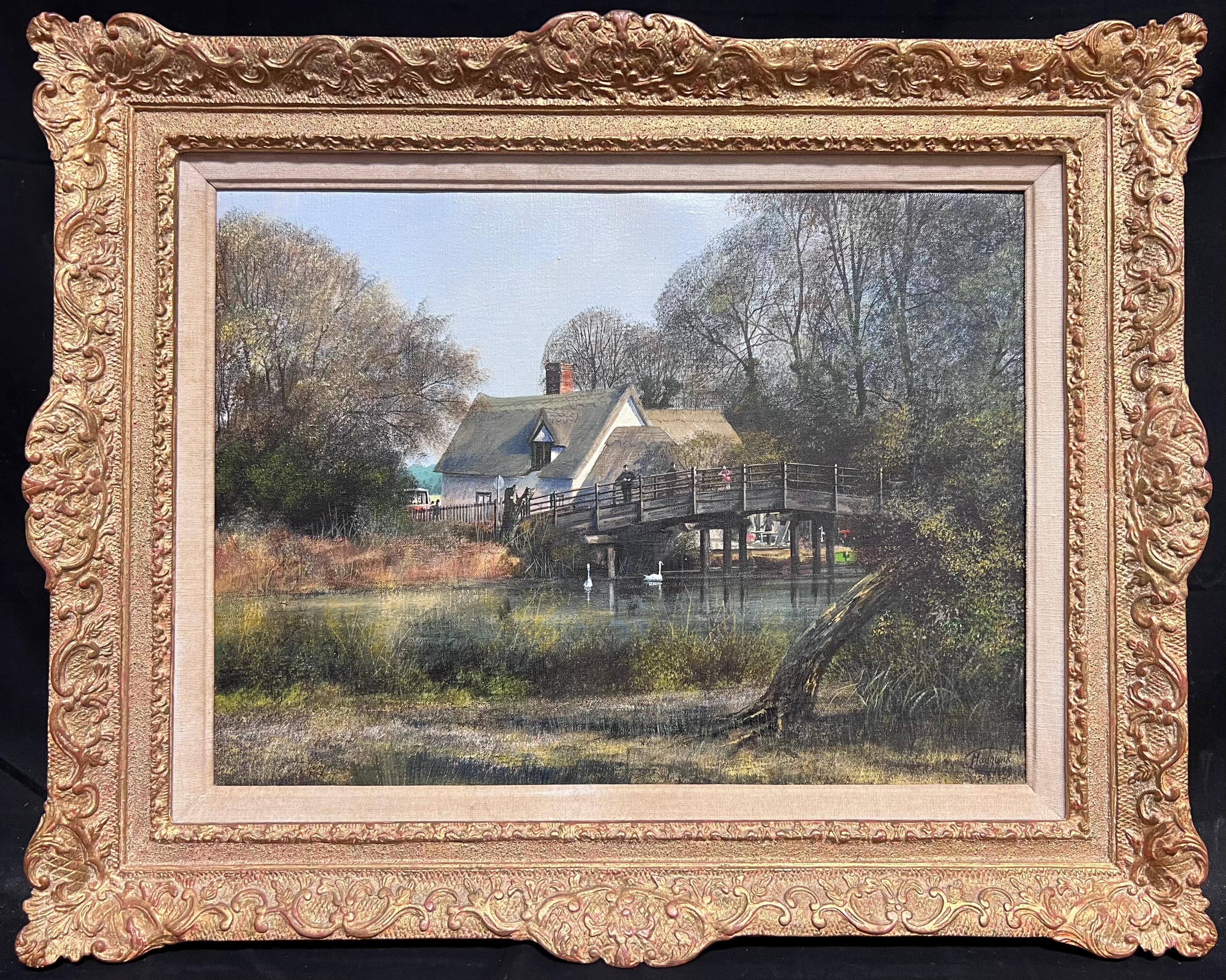Landscape Painting de Clive Madgwick (1934–2005) - Tradicional cabaña inglesa de paja junto al río con cisnes Artista británico catalogado