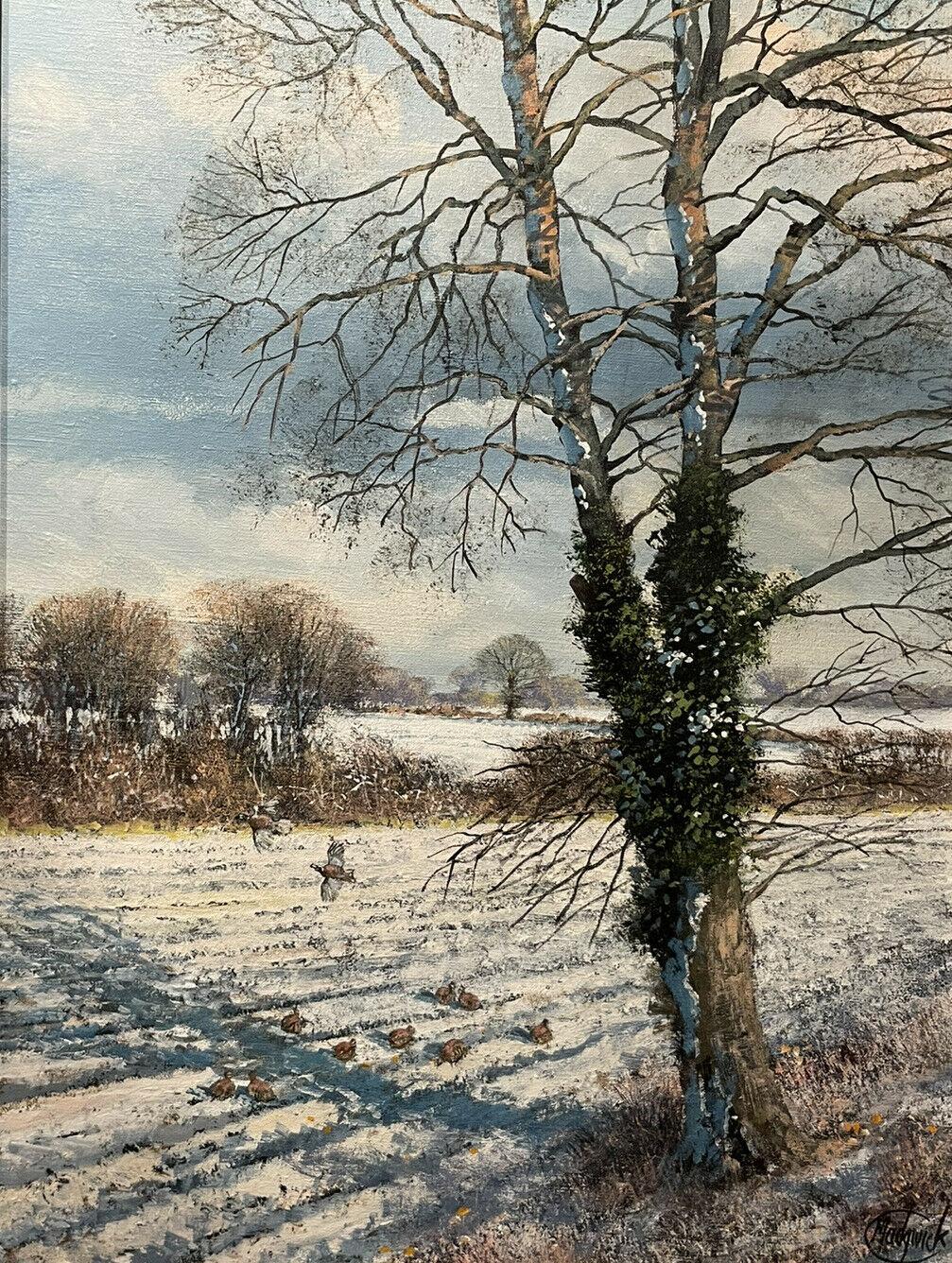 CLIVE MADGWICK (1934-2005) SIGNED OIL - PARTRIDGES IN WINTER SNOW LANDSCAPE - Painting by Clive Madgwick