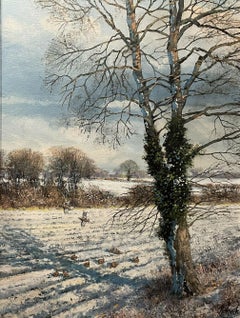 CLIVE MADGWICK (1934-2005) SIGNED OIL - PARTRIDGES IN WINTER SNOW LANDSCAPE