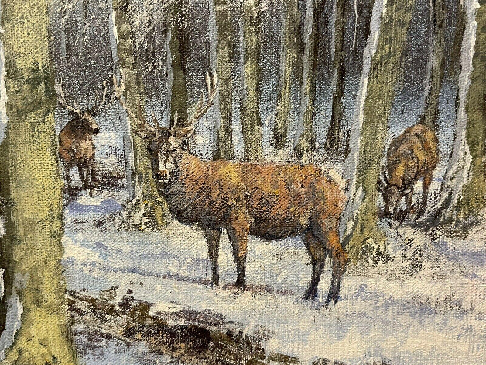 CLIVE MADGWICK (1934-2005) SIGNED OIL - STAGS IN WINTER WOODLAND LANDSCAPE - Impressionist Painting by Clive Madgwick