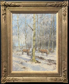 CLIVE MADGWICK (1934-2005) SIGNED OIL - STAGS IN WINTER WOODLAND LANDSCAPE