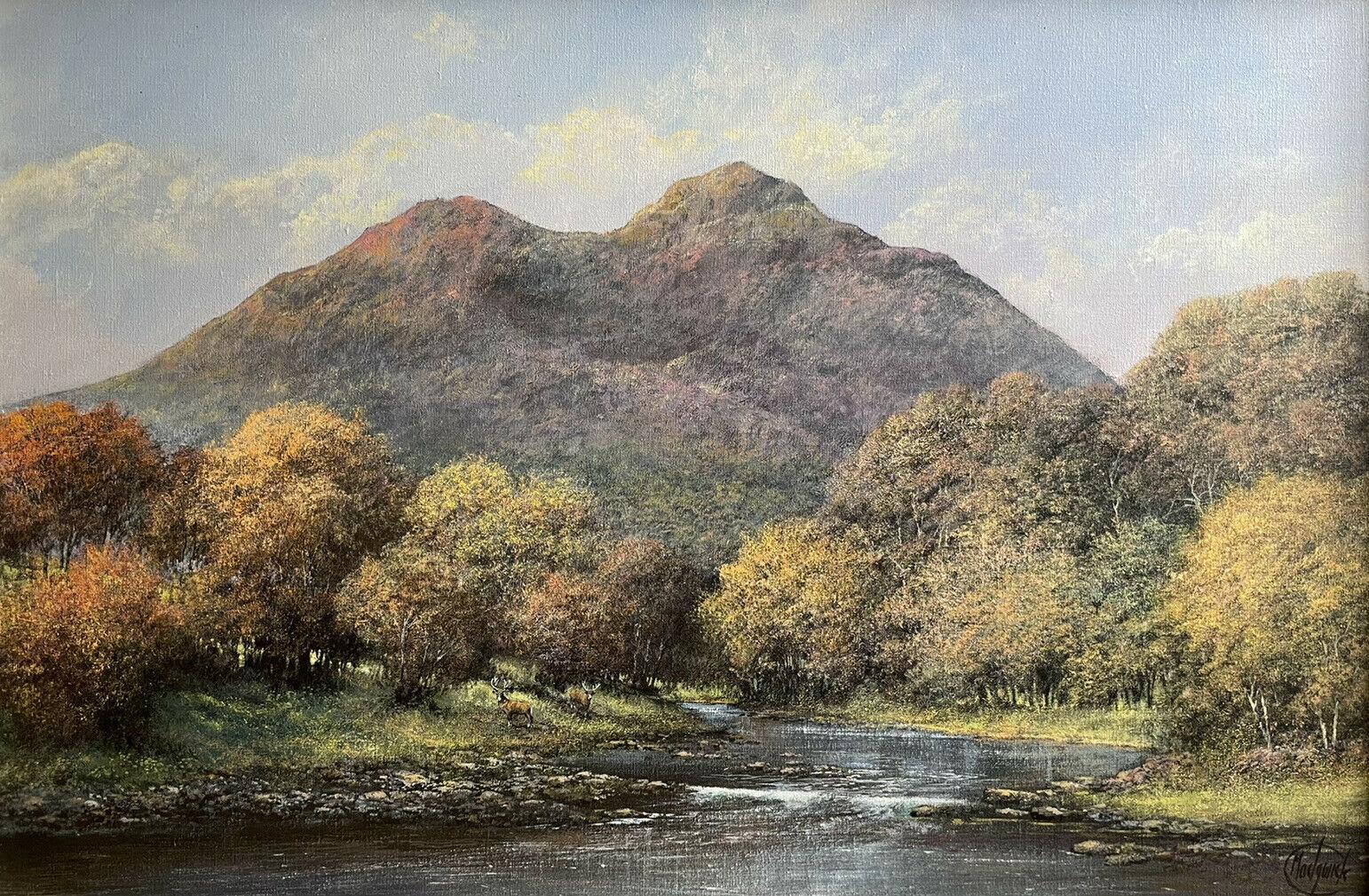 CLIVE MADGWICK (1934-2005) SIGNED OIL - STAGS SCOTTISH HIGHLAND RIVER LANDSCAPE - Painting by Clive Madgwick