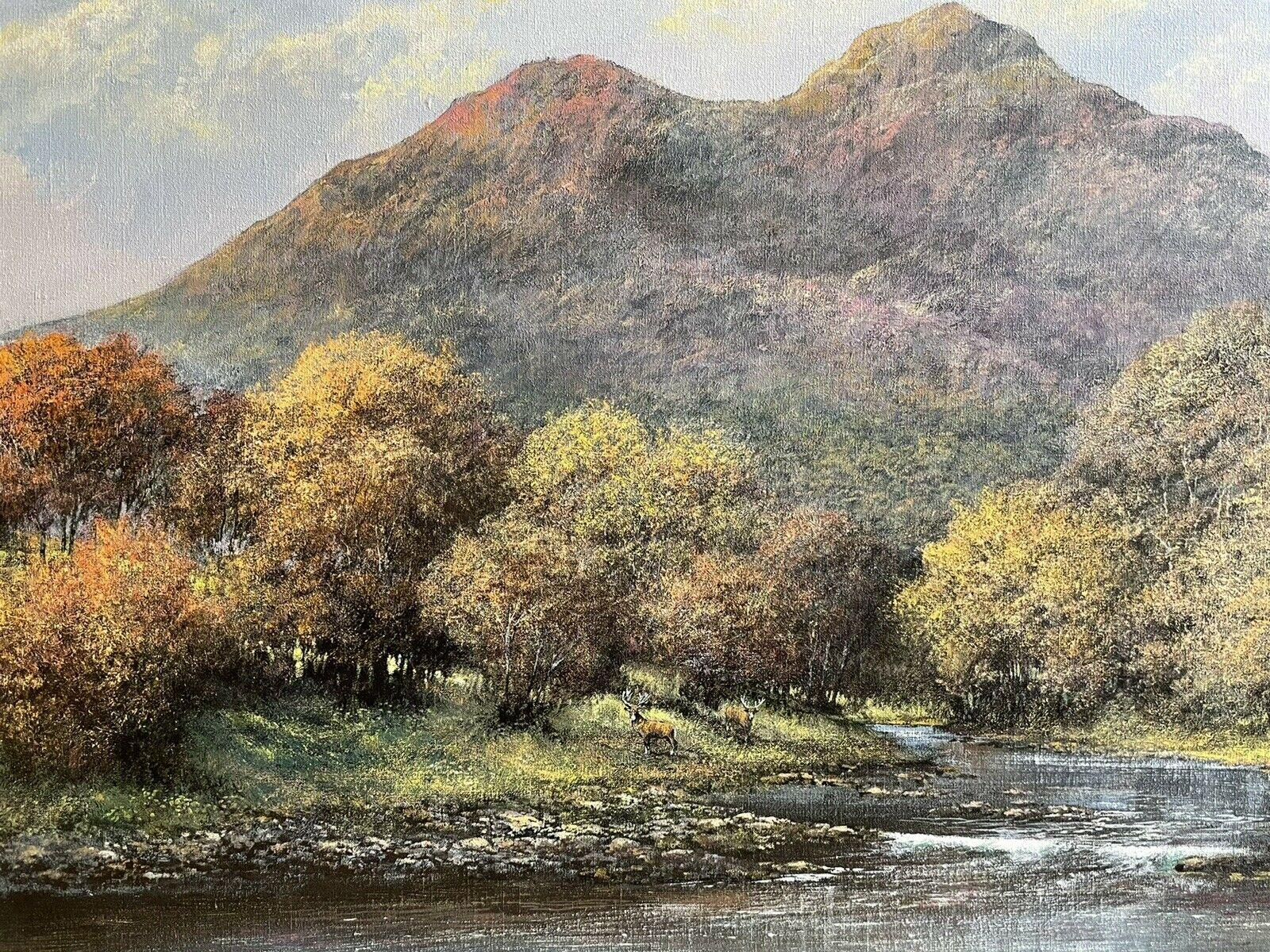 CLIVE MADGWICK (1934-2005) SIGNED OIL - STAGS SCOTTISH HIGHLAND RIVER LANDSCAPE - Impressionist Painting by Clive Madgwick
