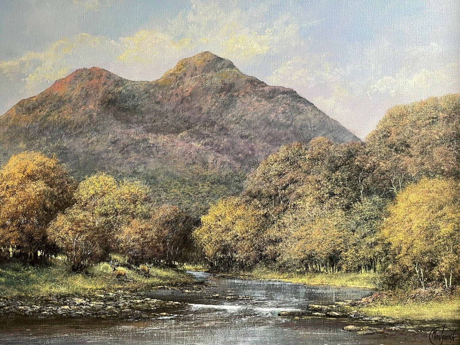 CLIVE MADGWICK (1934-2005) SIGNED OIL - STAGS SCOTTISH HIGHLAND RIVER LANDSCAPE - Gray Interior Painting by Clive Madgwick